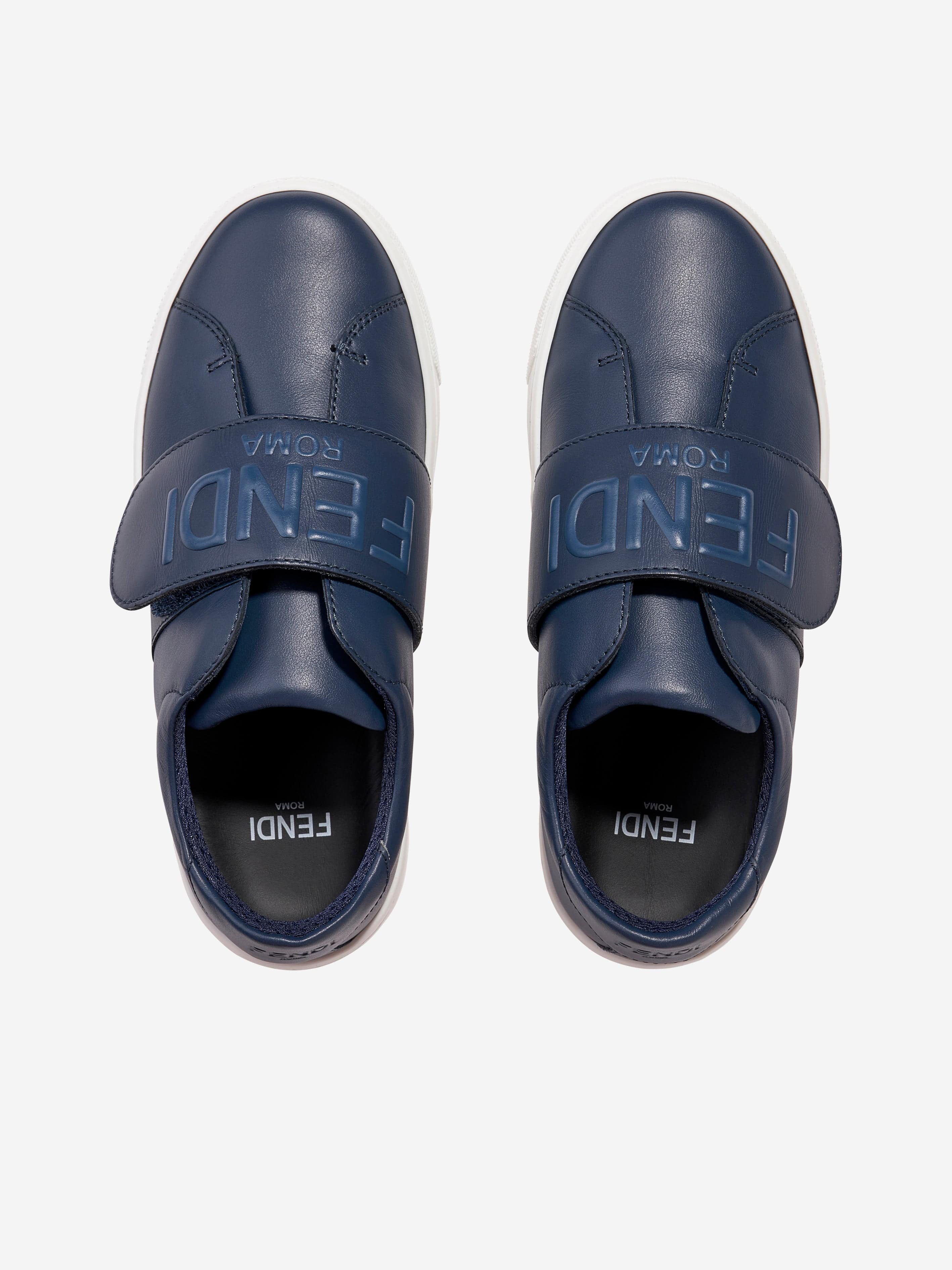 Fendi Kids Leather Logo Trainers in Navy Discount Manchester