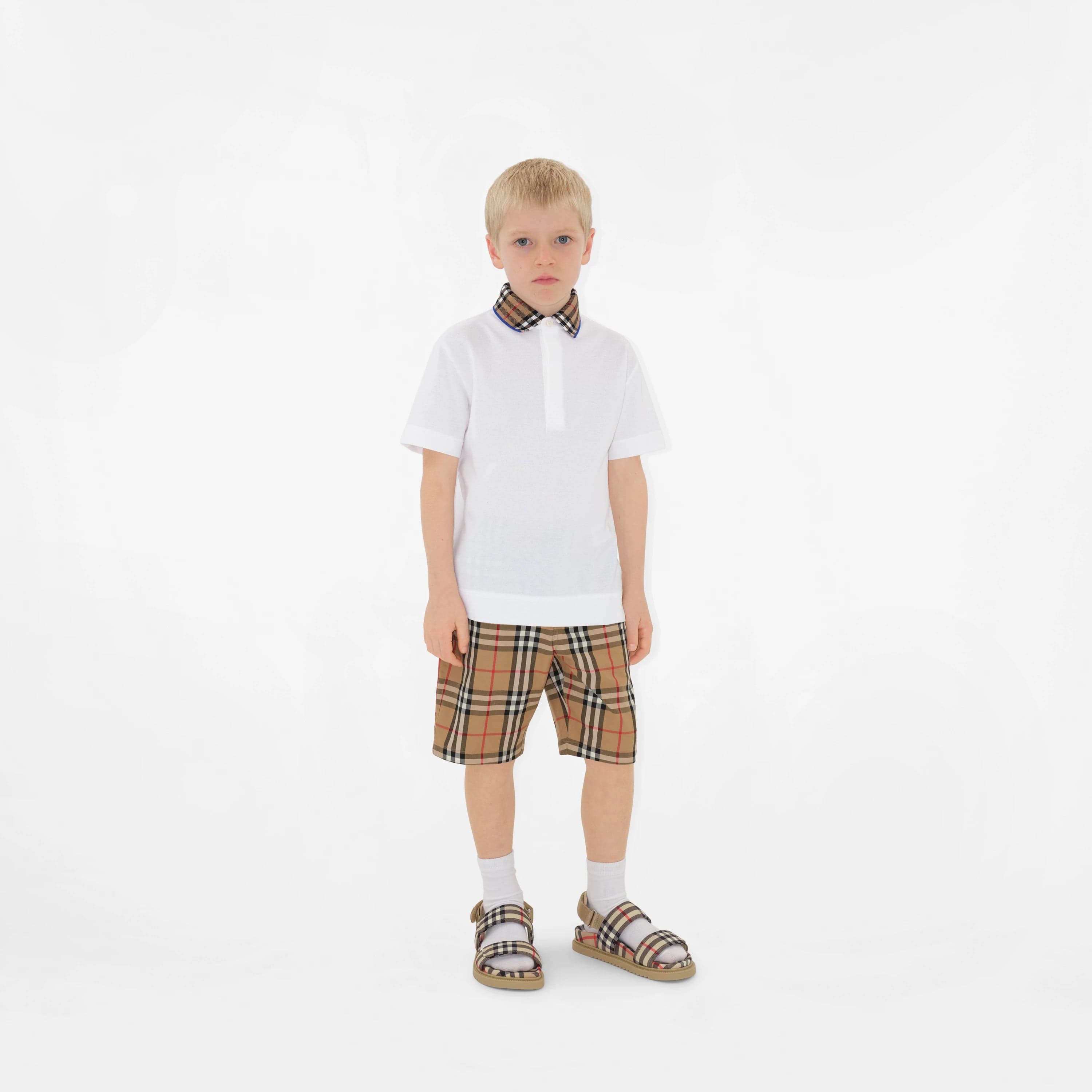 Burberry Boys Check Collar Johane Polo Shirt in White With Credit Card Cheap Pice