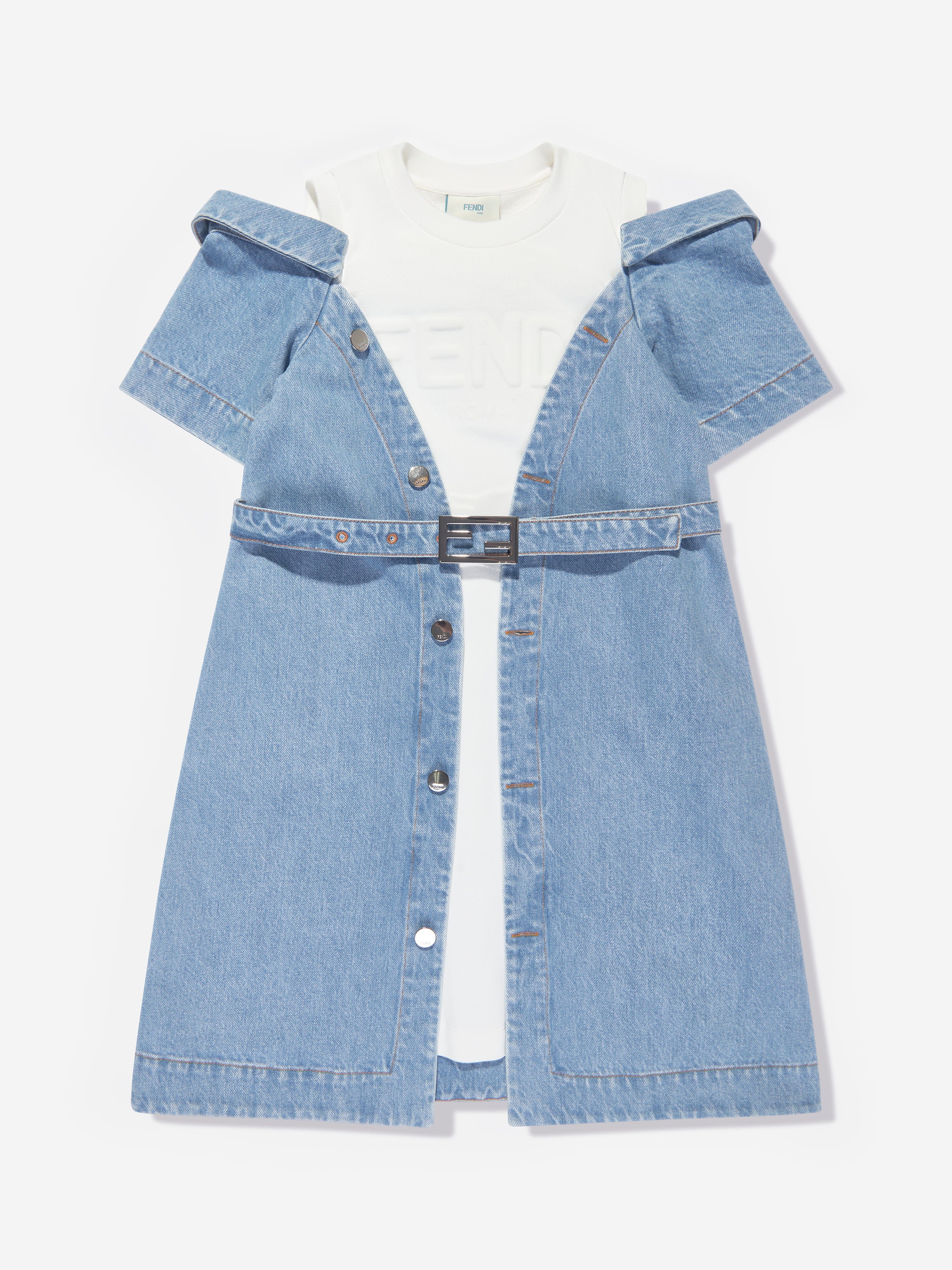 Fendi Girls Double Fabric Denim Dress in Blue Clearance Fast Delivery