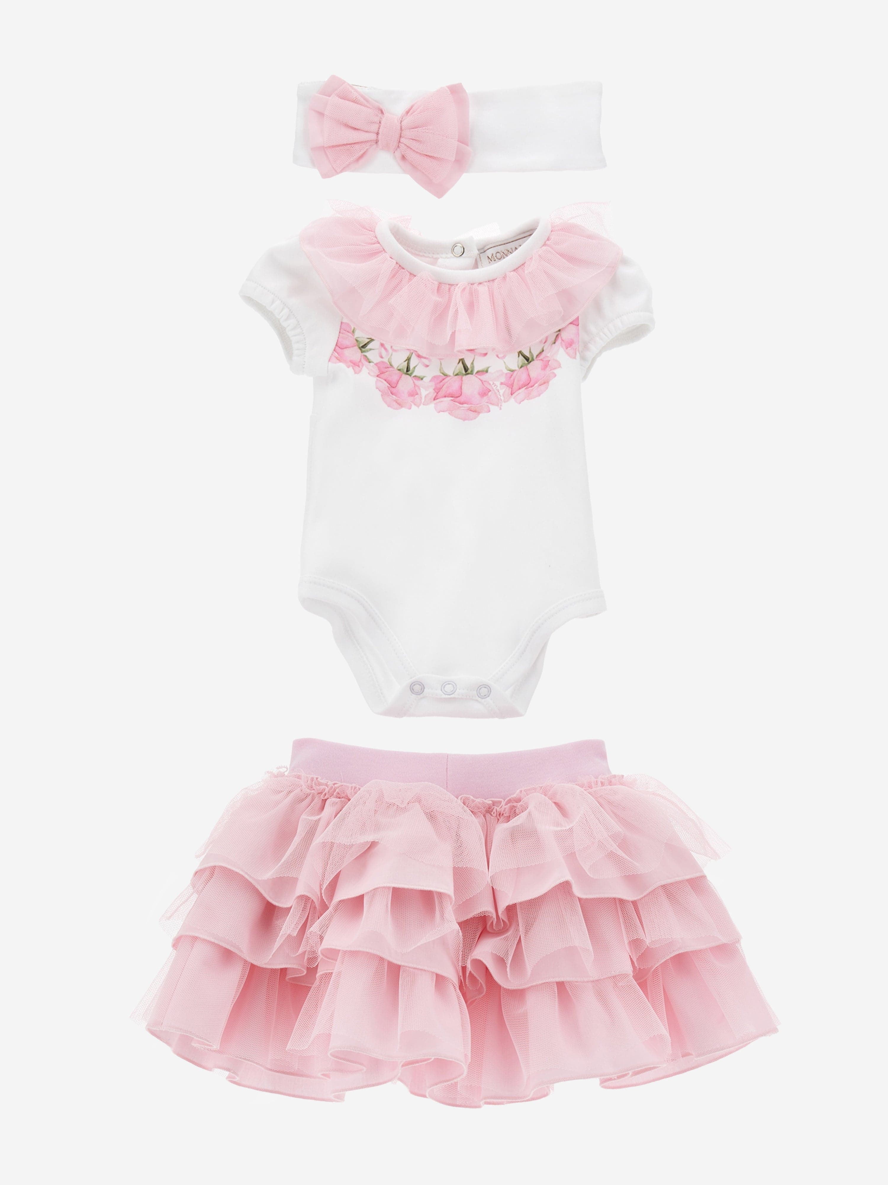 Monnalisa Baby Girls Rose Ruffle Skirt Set With Headband in Pink With Mastercard For Sale