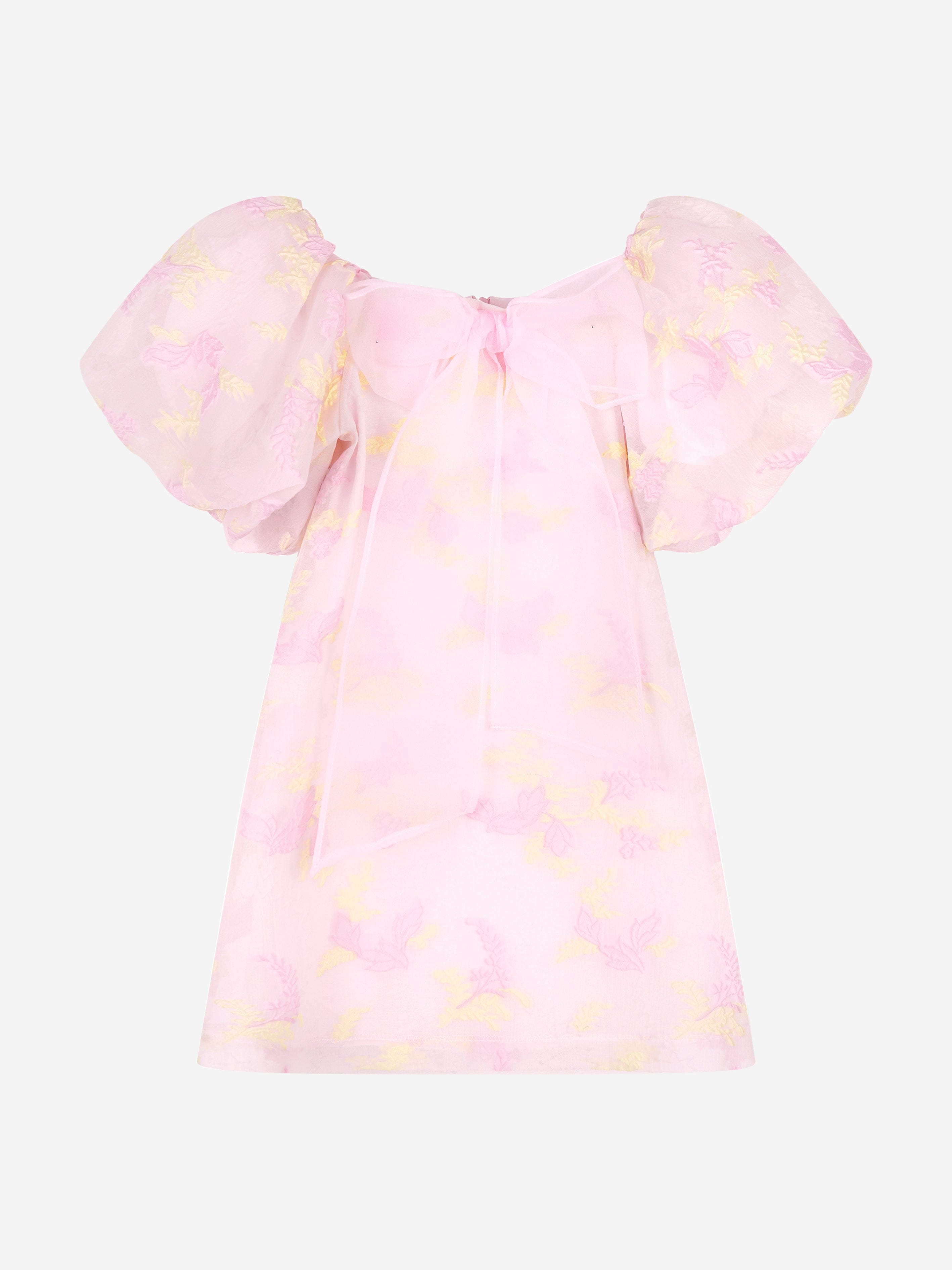 Mama Luma Girls Balloon Sleeve Jacquard Organza Dress in Pink Outlet The Cheapest