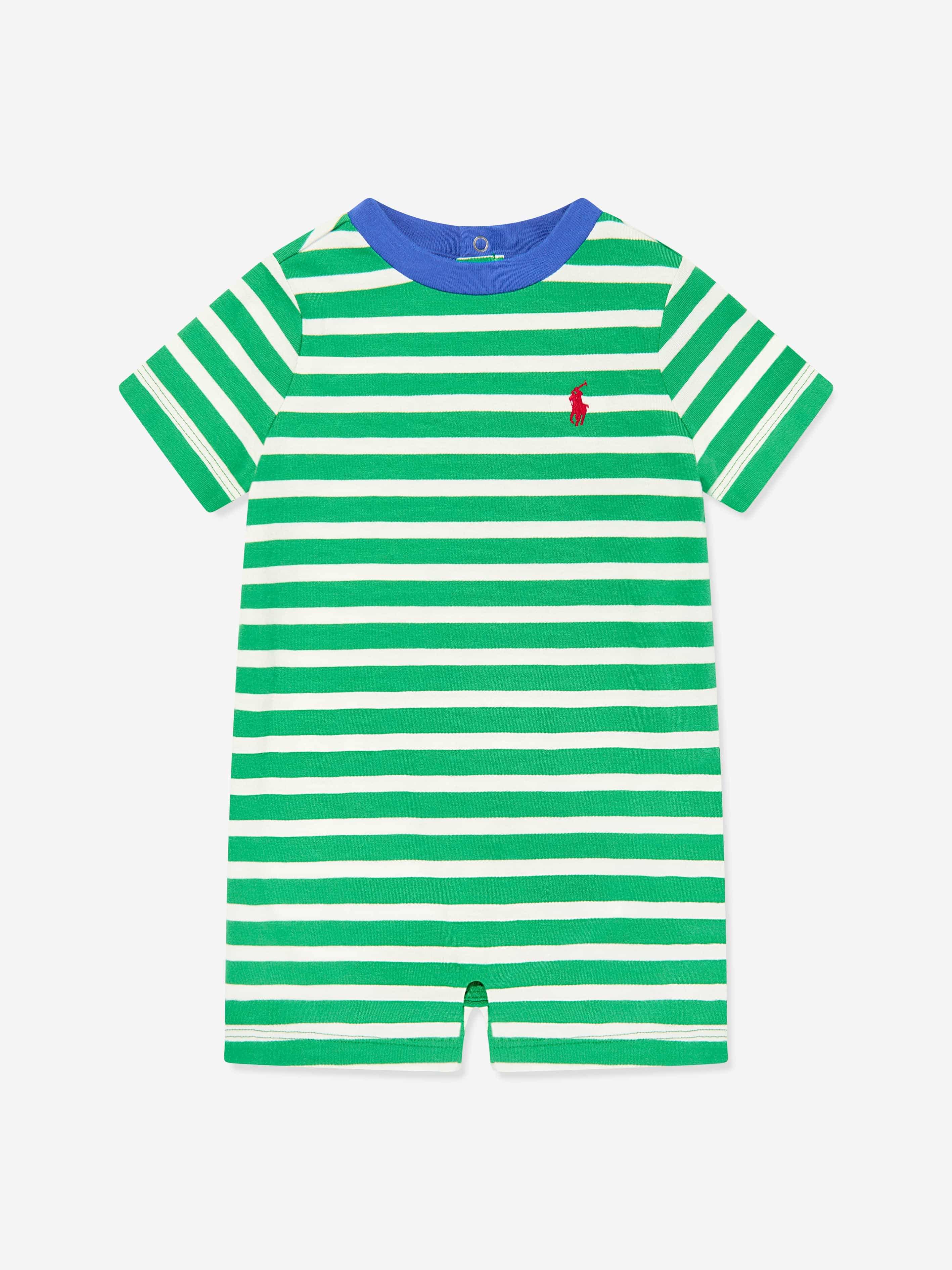 Baby Boys Striped Logo Romper in Green Geniue Stockist