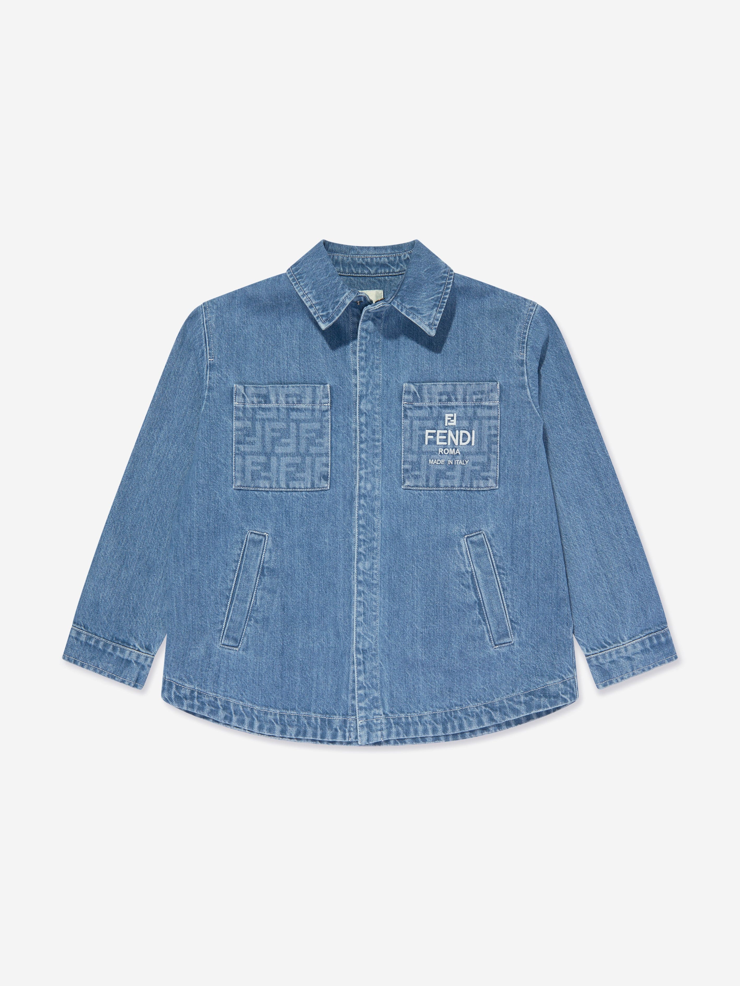 Fendi Kids Washed Denim Jacket in Blue Top Quality Sale Online