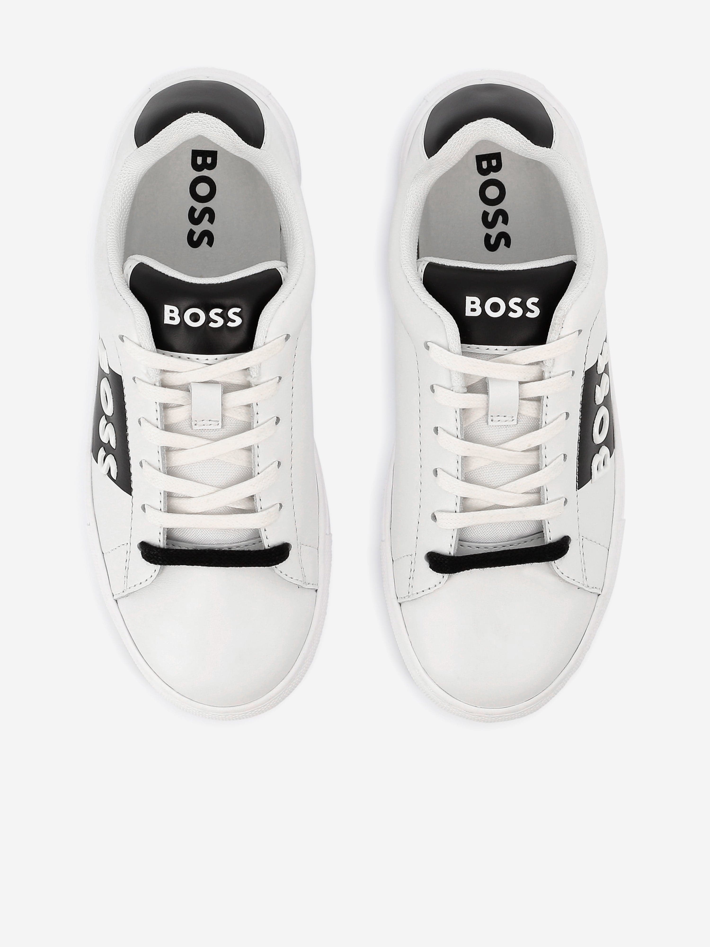 BOSS Boys Leather Logo Trainers in White Geniue Stockist