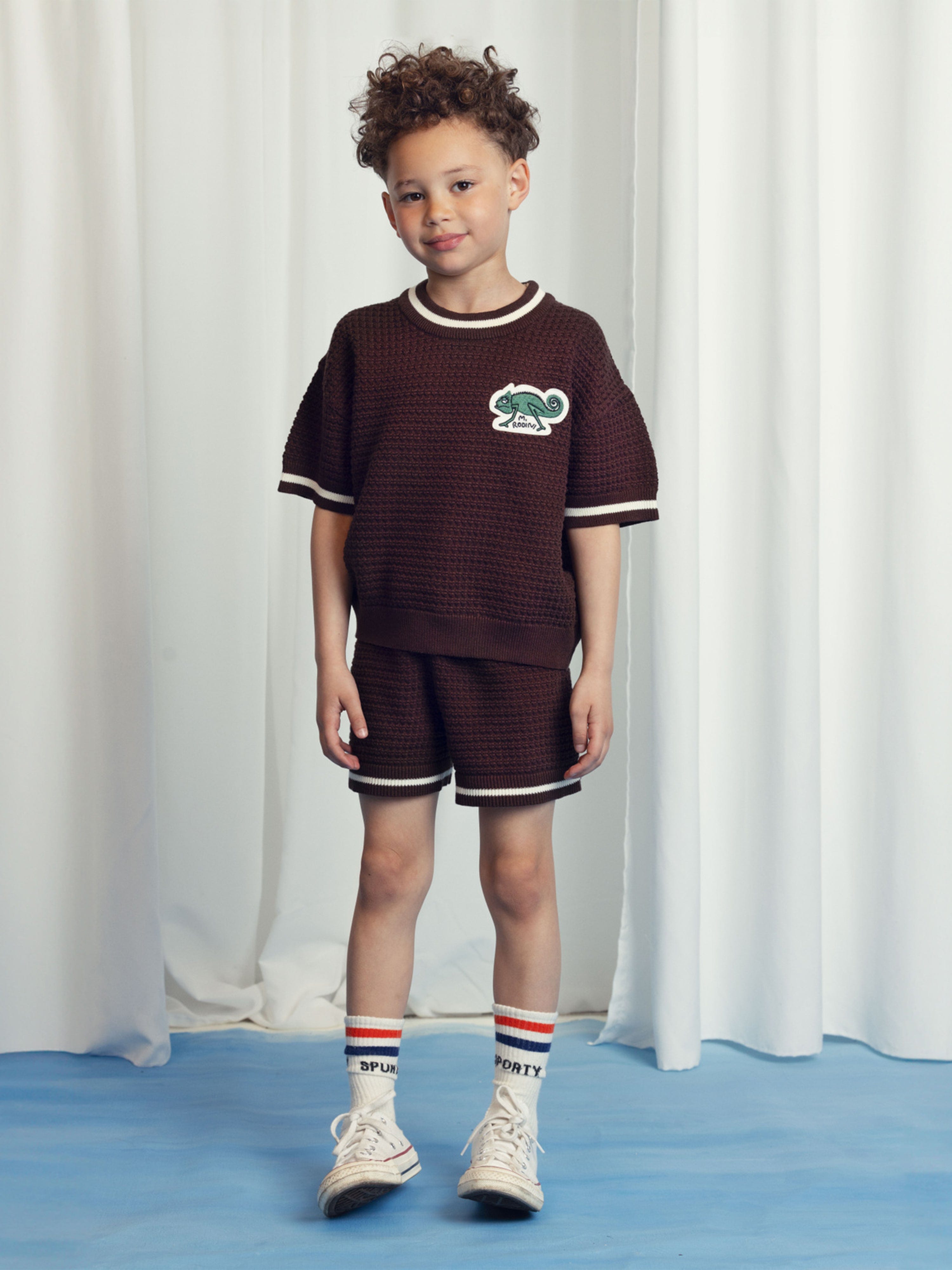 Kids Lizard Patch Crochet Knit T-Shirt in Brown Clearance Footaction