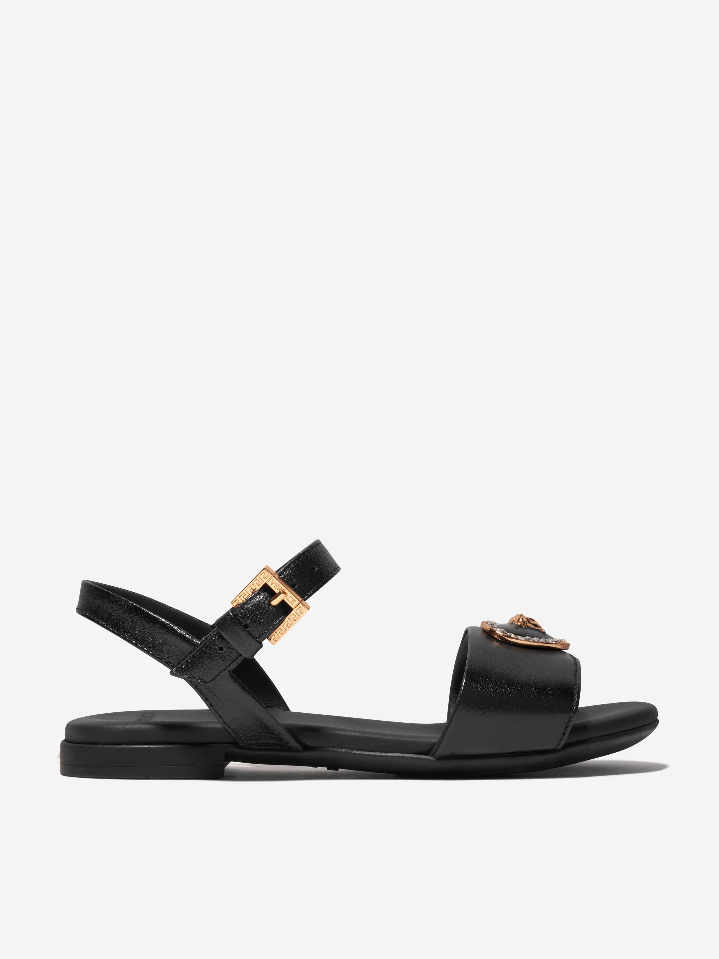 Versace Girls Leather Heart Logo Sandals in Black Best Wholesale For Sale