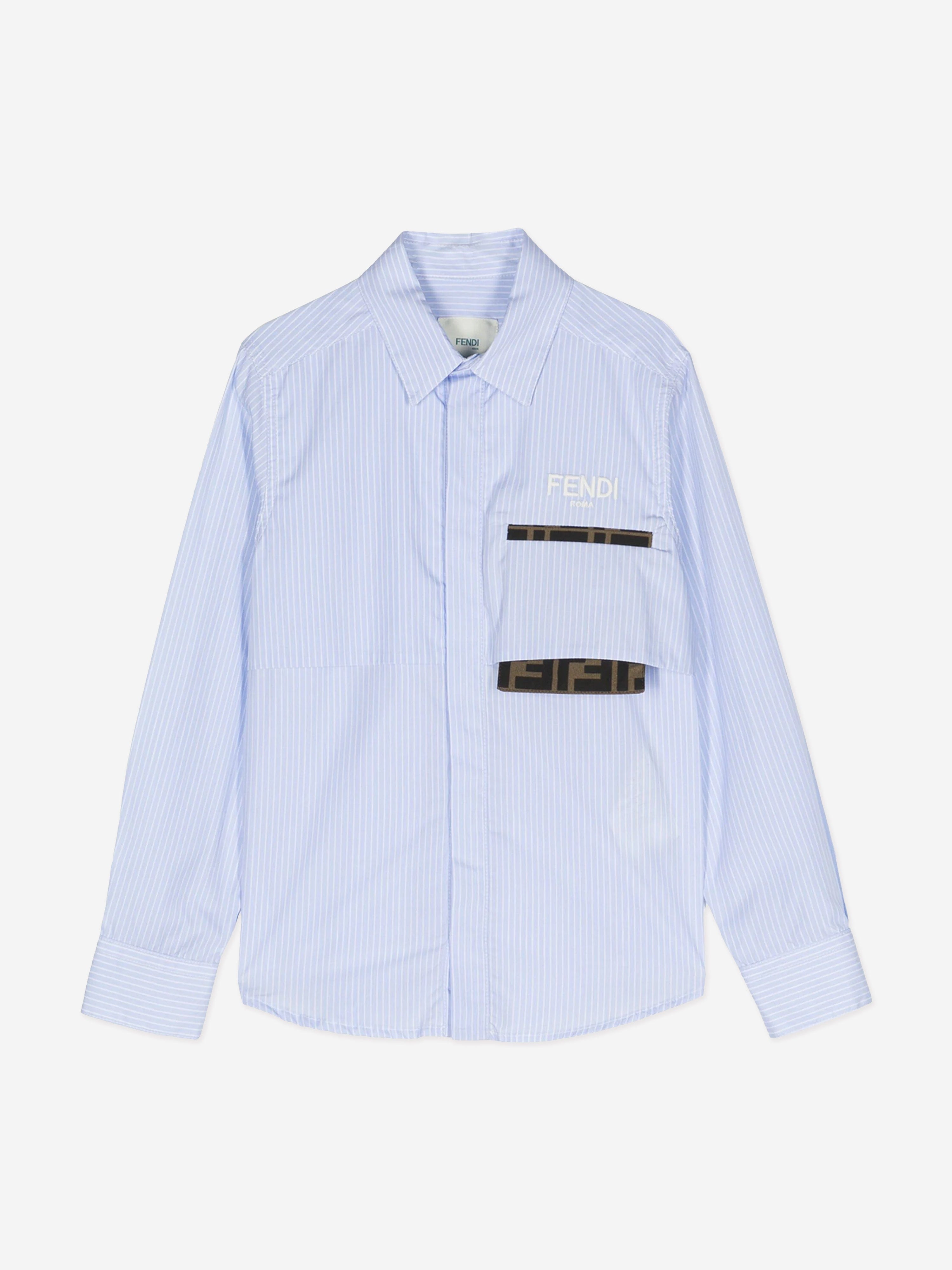 Fendi Boys Striped FF Pocket Shirt in Blue Manchester