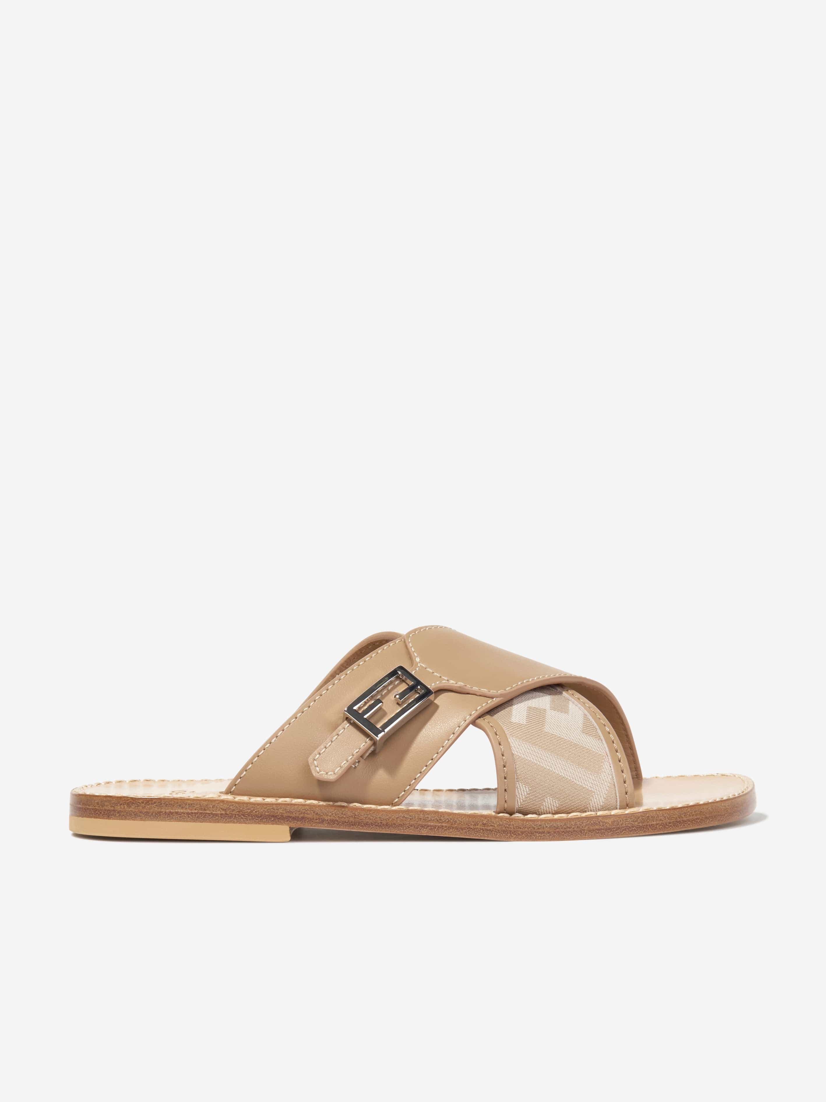 Fendi Girls Leather FF Logo Sandals in Beige Explore Online