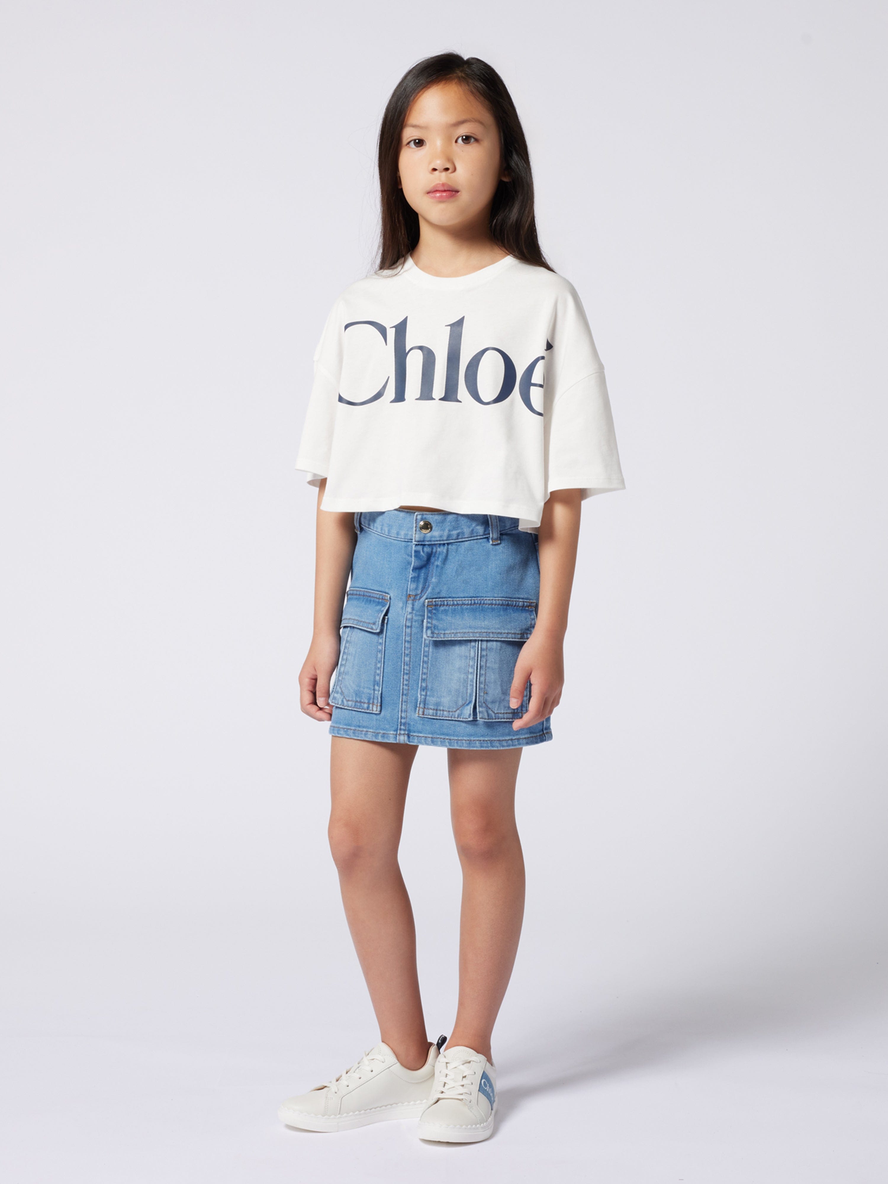 Chlo¨¦ Girls Patch Pocket Denim Skirt in Blue Wiki For Sale