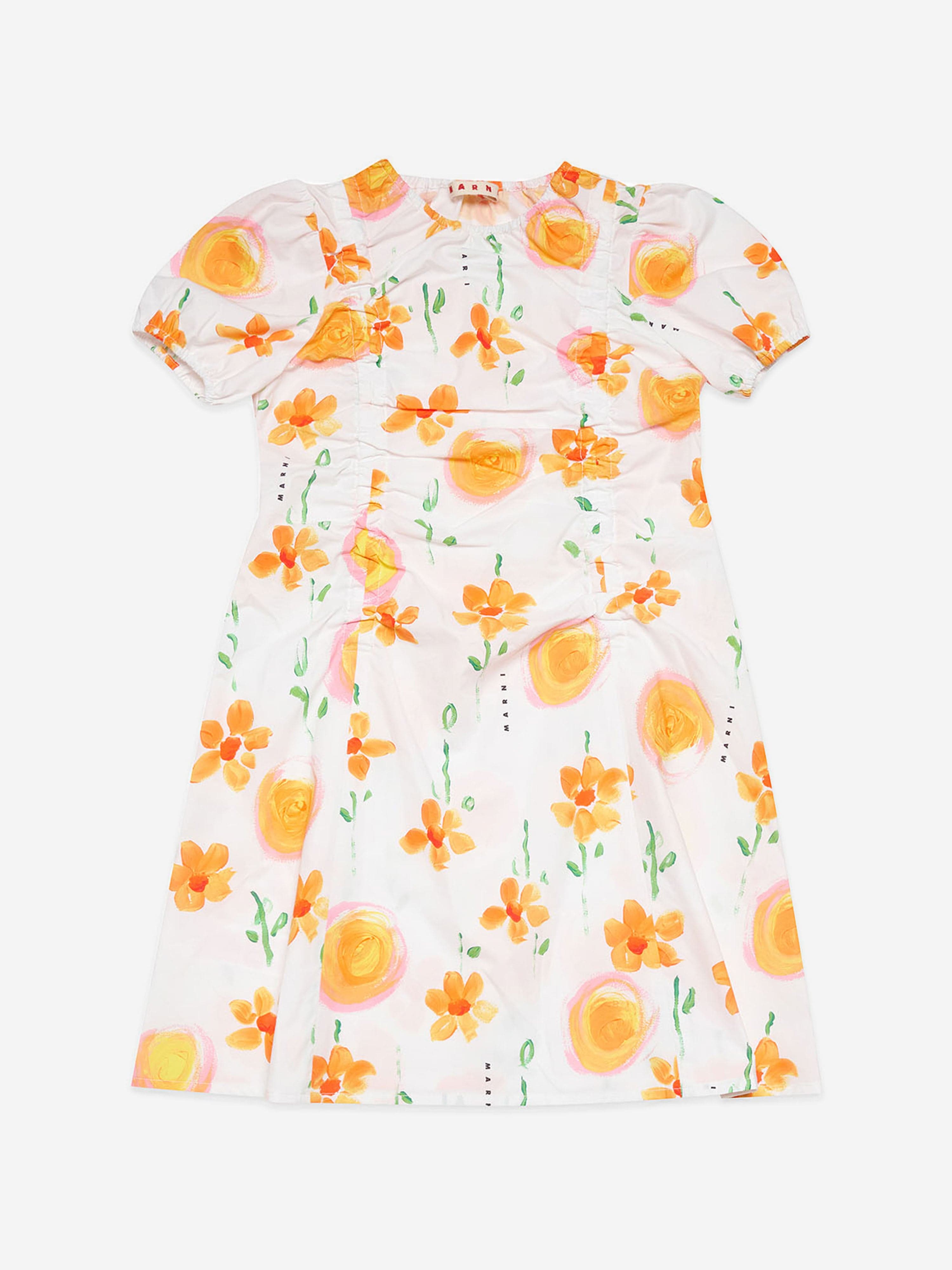 MARNI Girls Flower Print Poplin Dress in White Discount Looking For