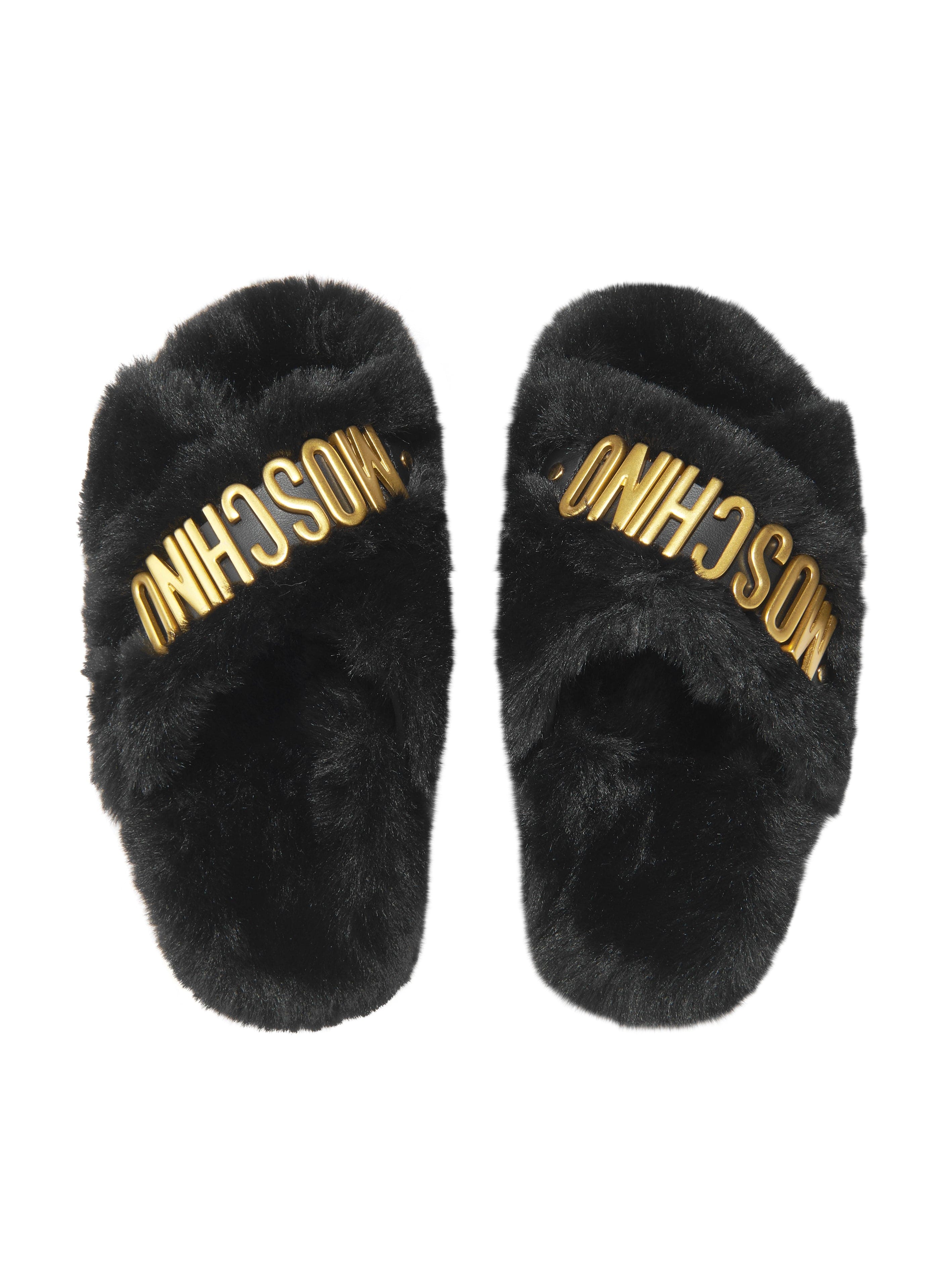 Moschino Girls Faux Fur Logo Slippers Discount Online