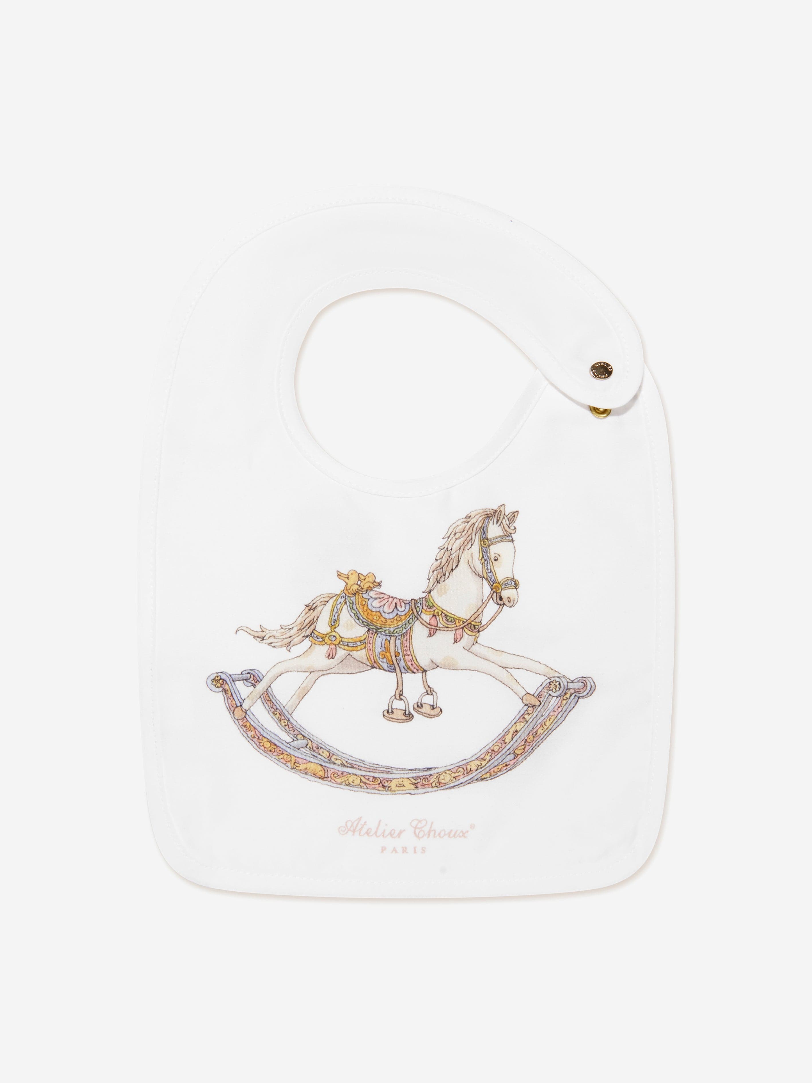 Atelier Choux Baby Rocking Horse Satin Bib in White Sale Online Online