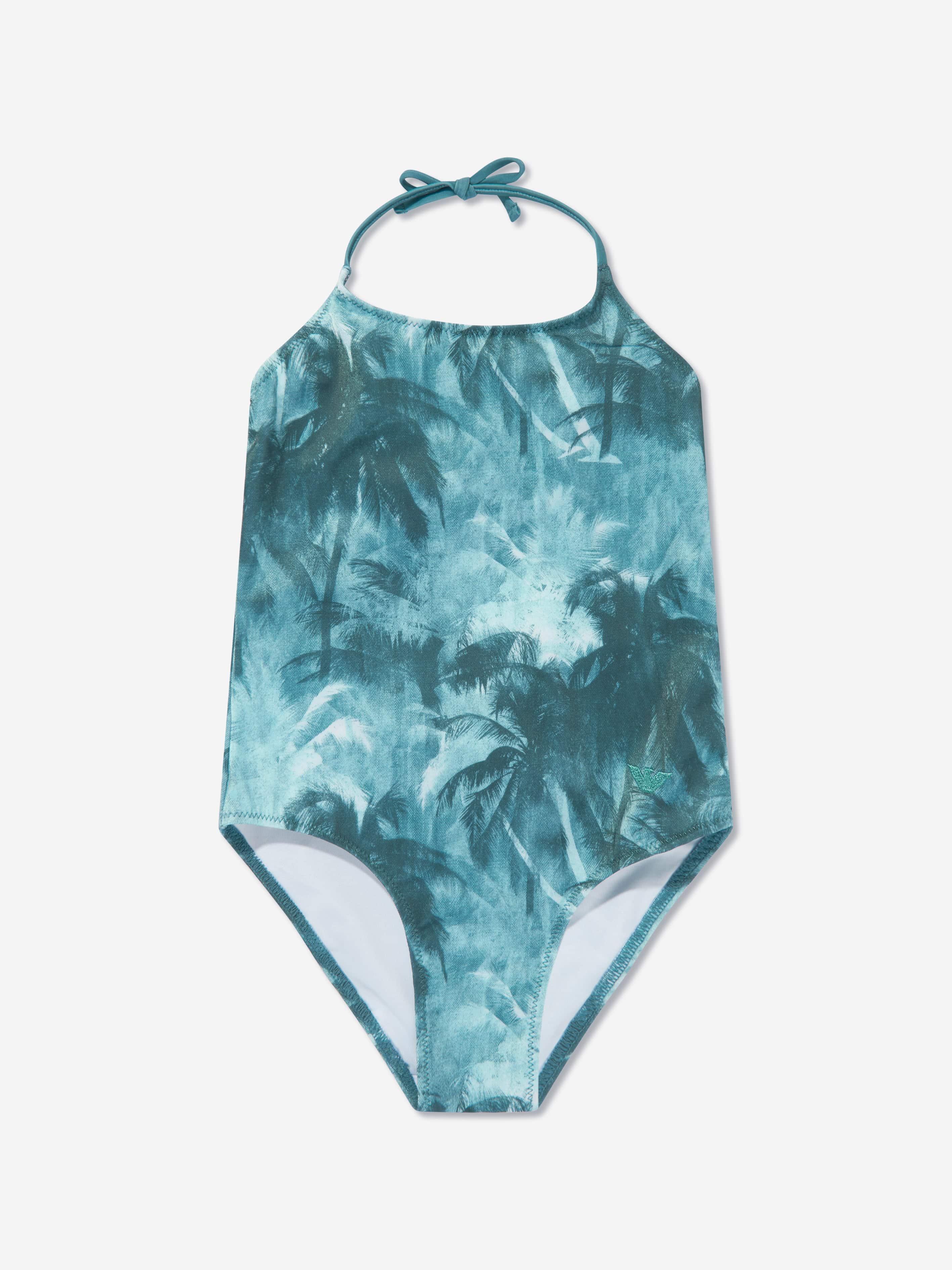 Emporio Armani Girls Palm Leaf Swimsuit in Green Genuine Online