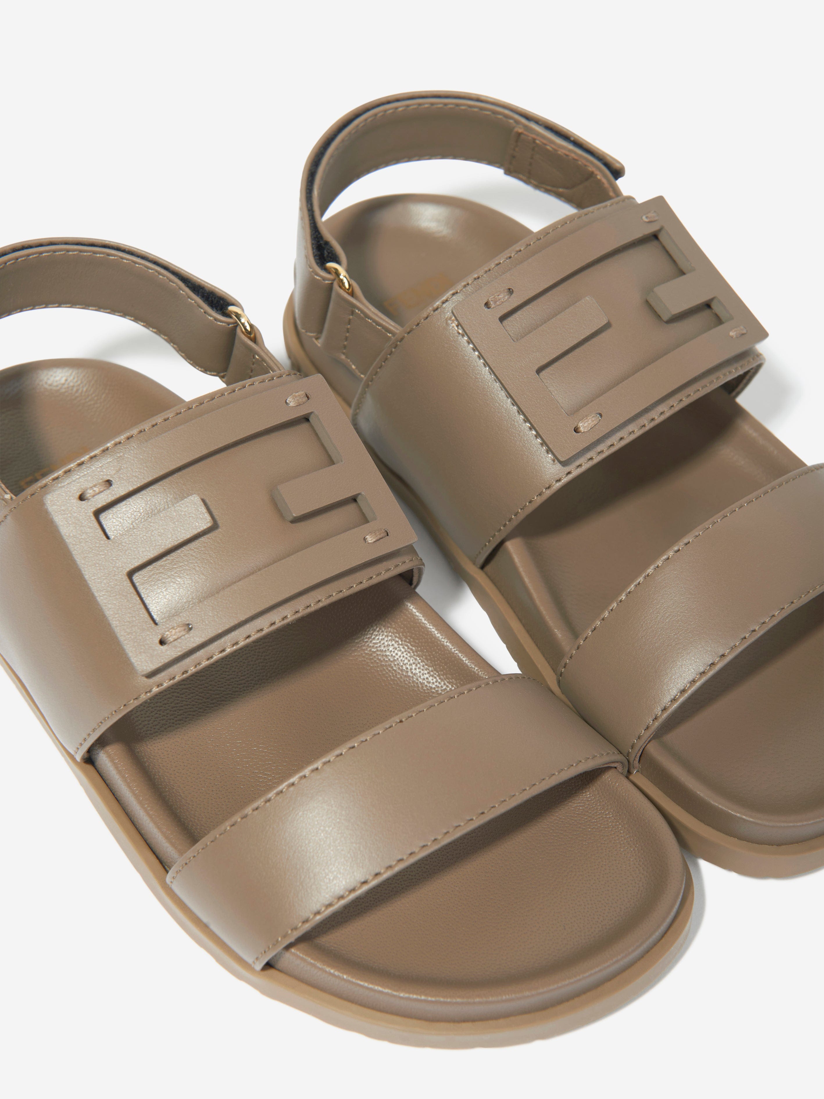 Fendi Kids Leather FF Logo Sandals in Beige Low Pice Cheap Online