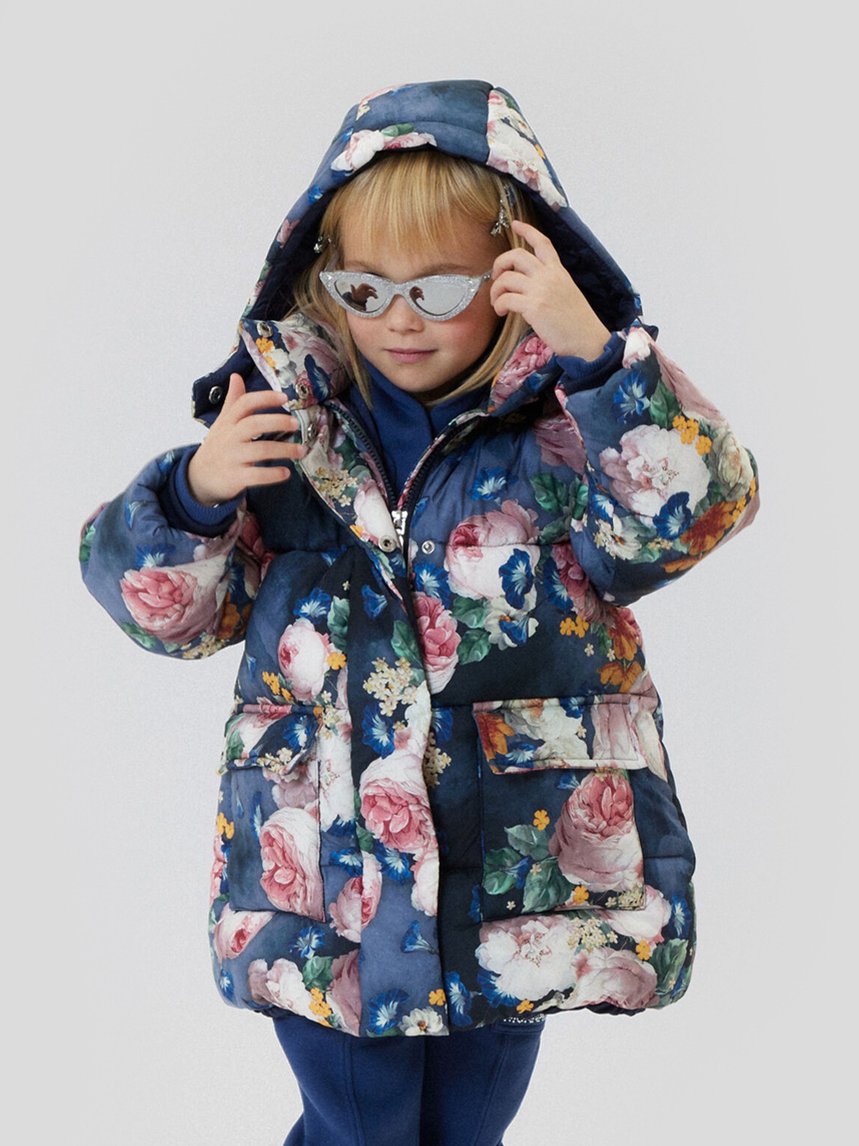 Monnalisa Girls Baroque Roses Puffer Jacket in Blue Clearance Big Discount