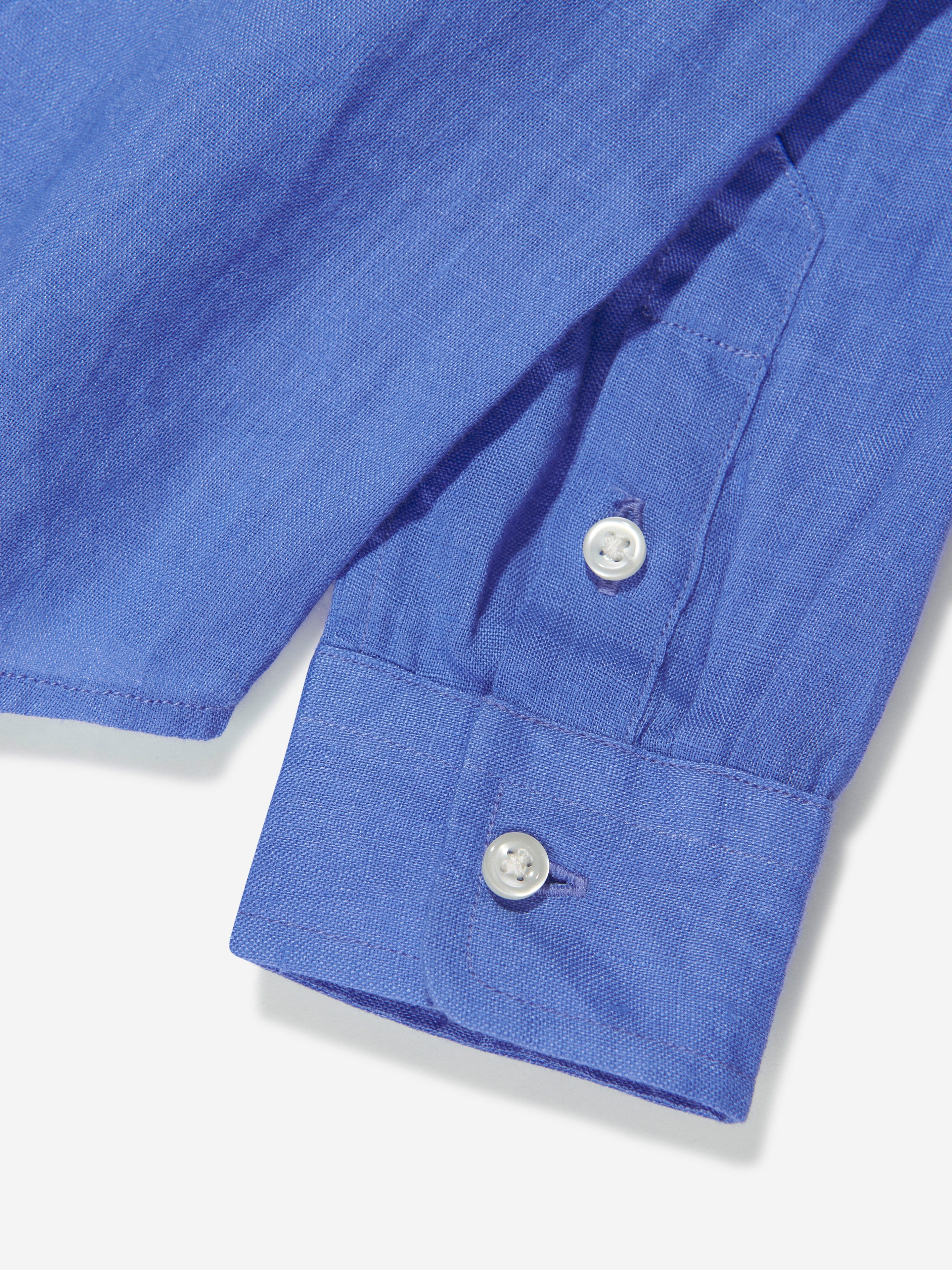 Ralph Lauren Boys Linen Logo Shirt in Blue Fashionable
