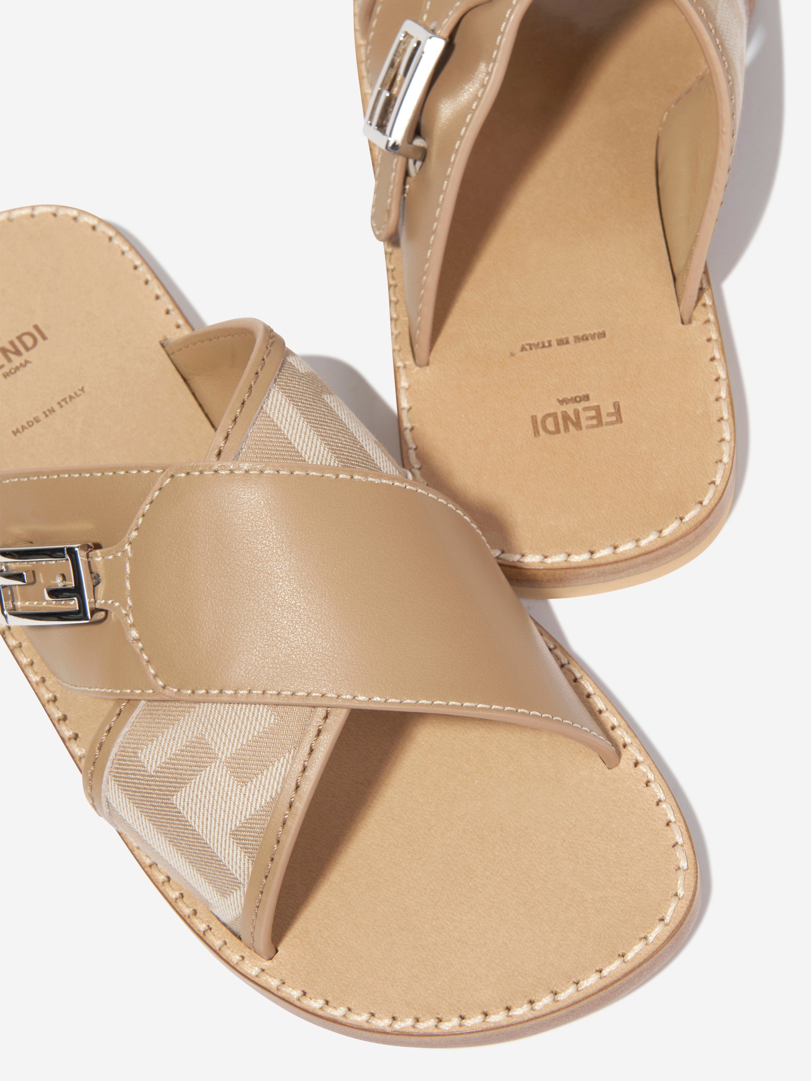 Fendi Girls Leather FF Logo Sandals in Beige Explore Online