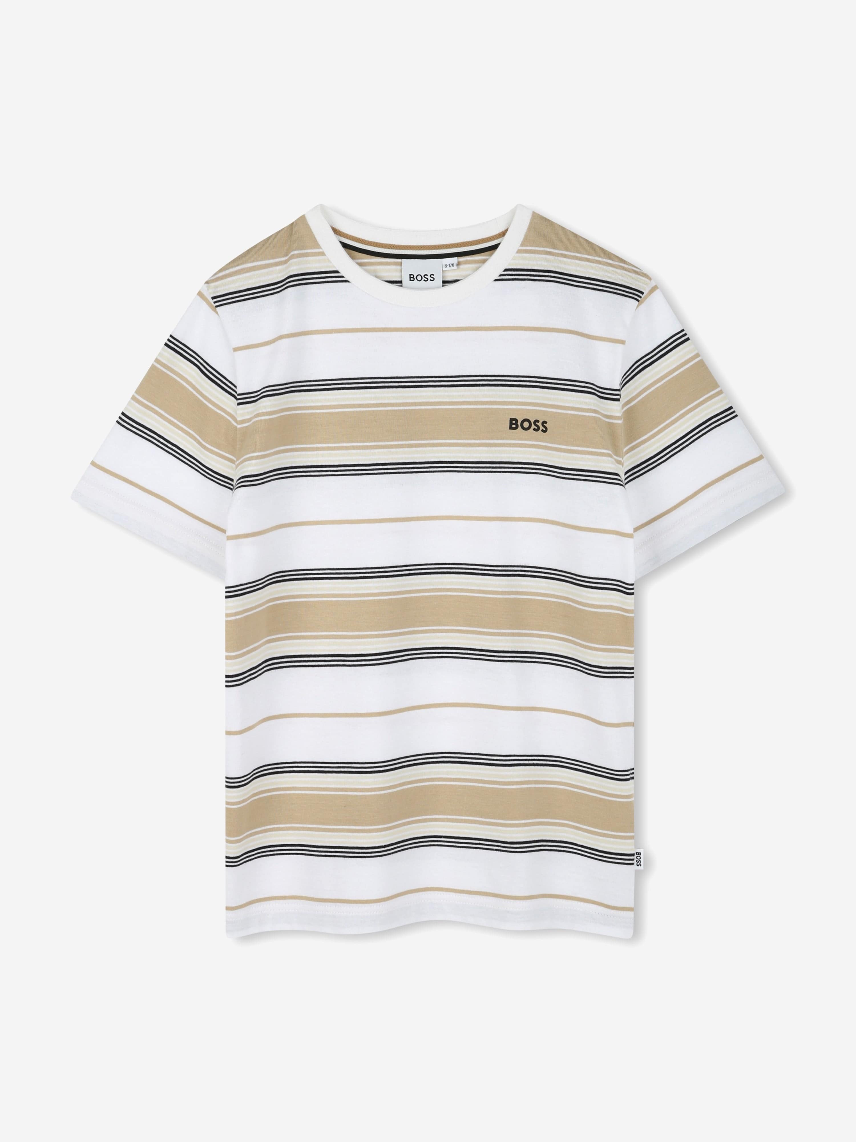 BOSS Boys Striped Logo T-Shirt in Beige Clearance Limited Edition