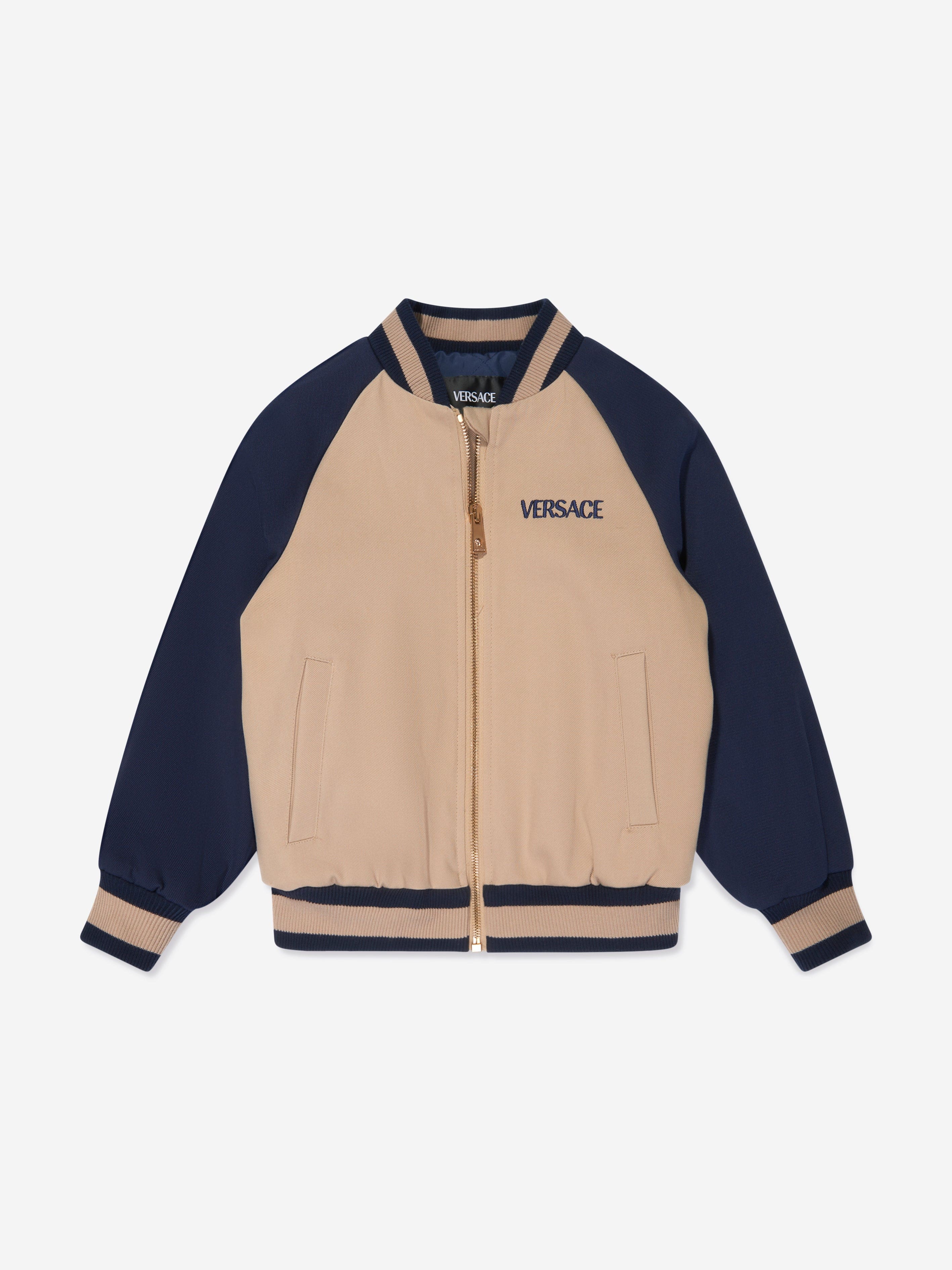 Versace Boys Embroidered Logo Bomber Jacket in Beige Outlet Exclusive