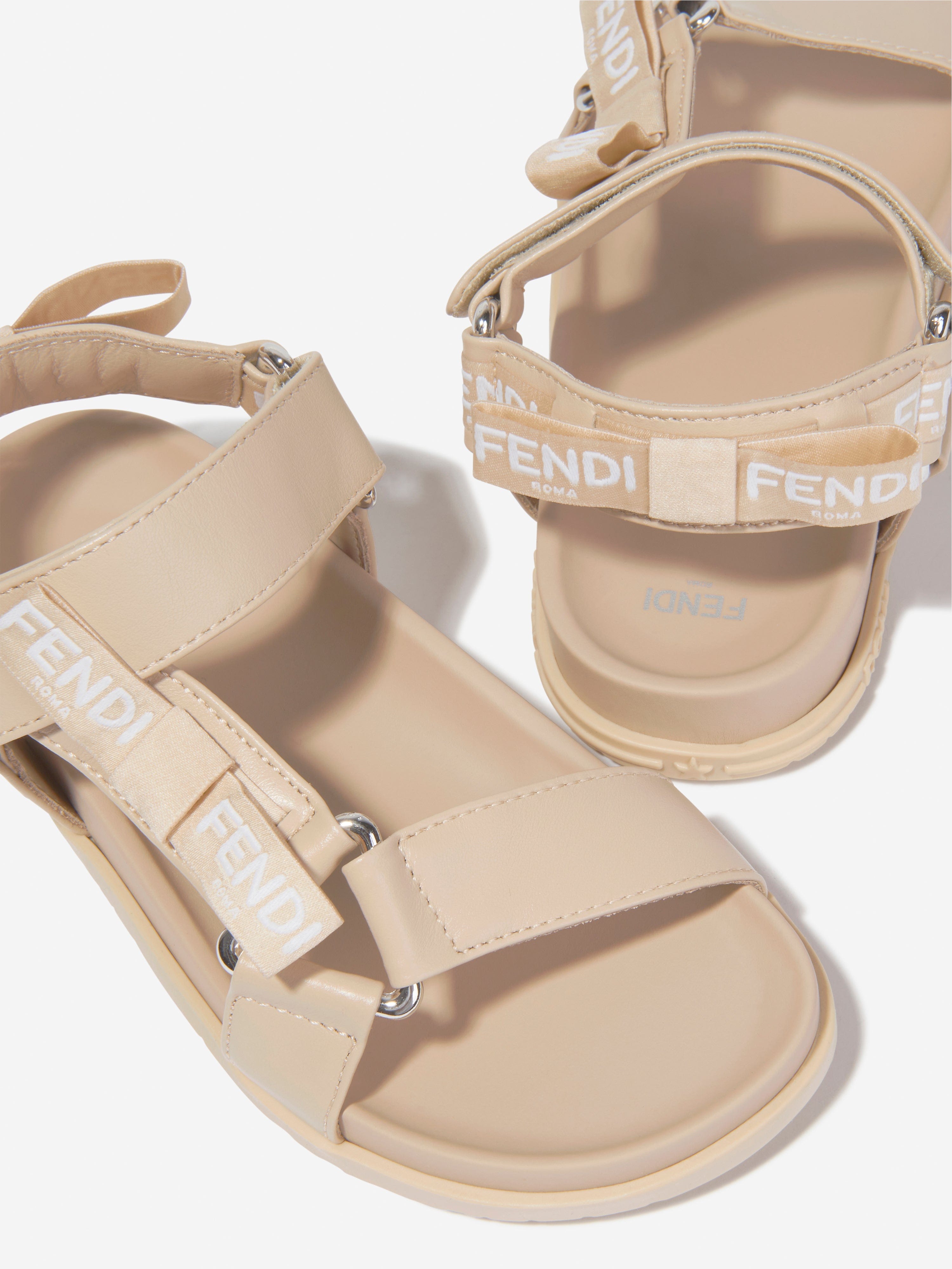 Fendi Girls Leather Jacquard Logo Sandals in Beige Enjoy Cheap Pice
