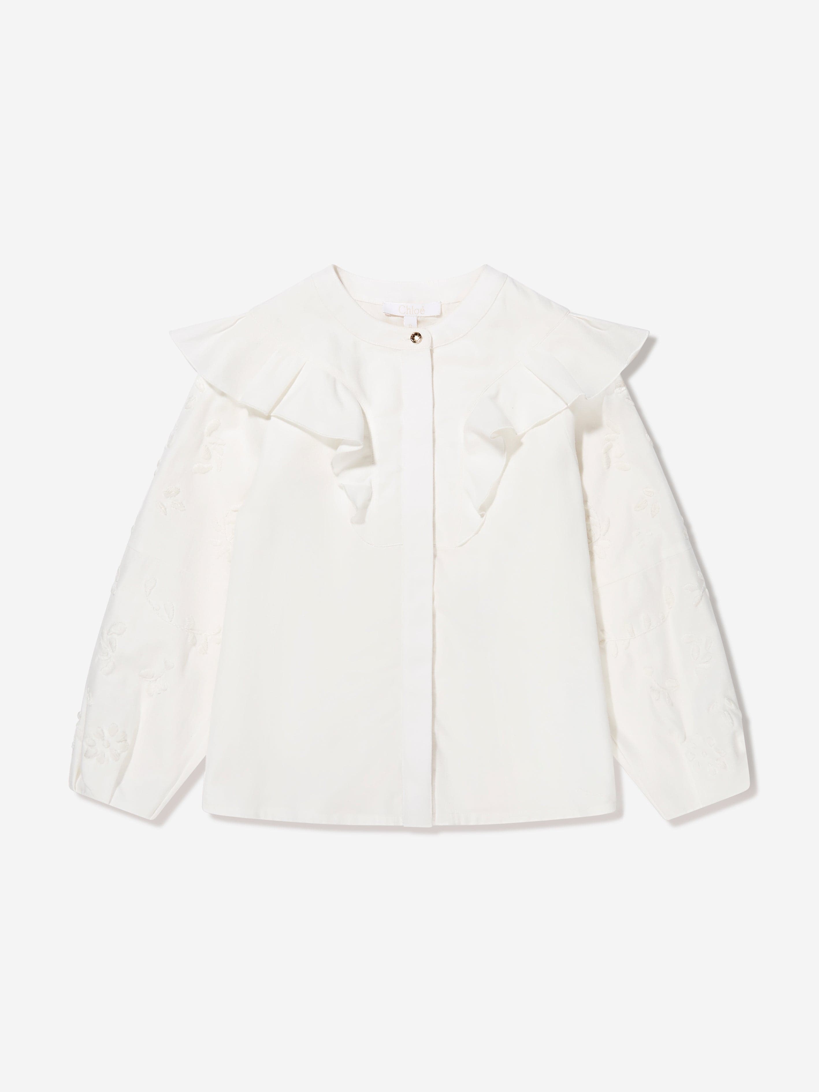 Chlo¨¦ Girls Embroidered Ruffle Blouse in Ivory Geniue Stockist