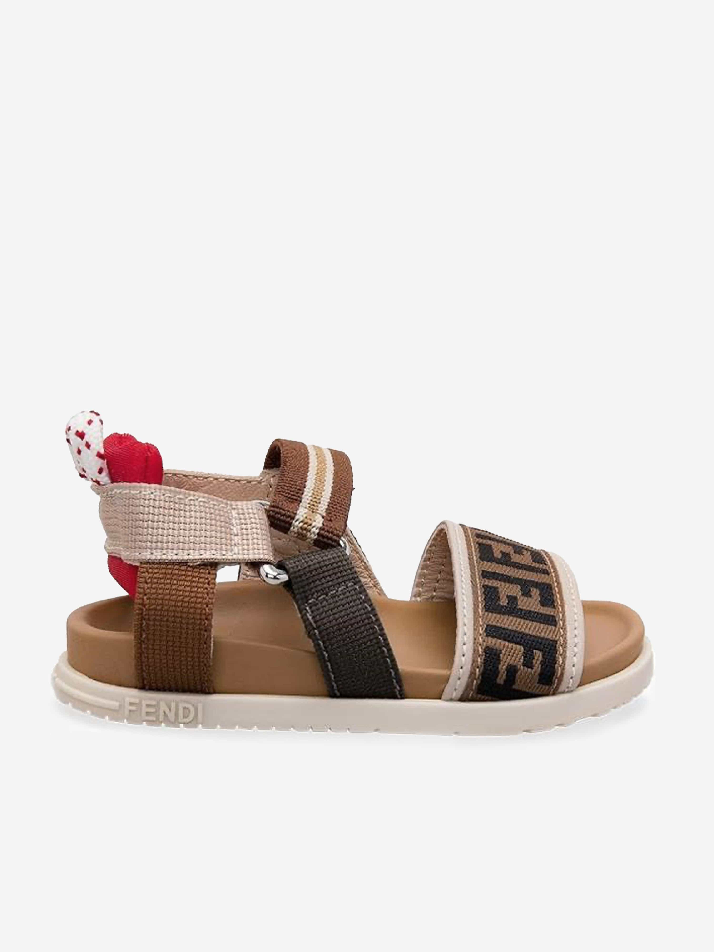 Fendi Kids Leather And Fabric FF Logo Sandals in Beige Discount How Much