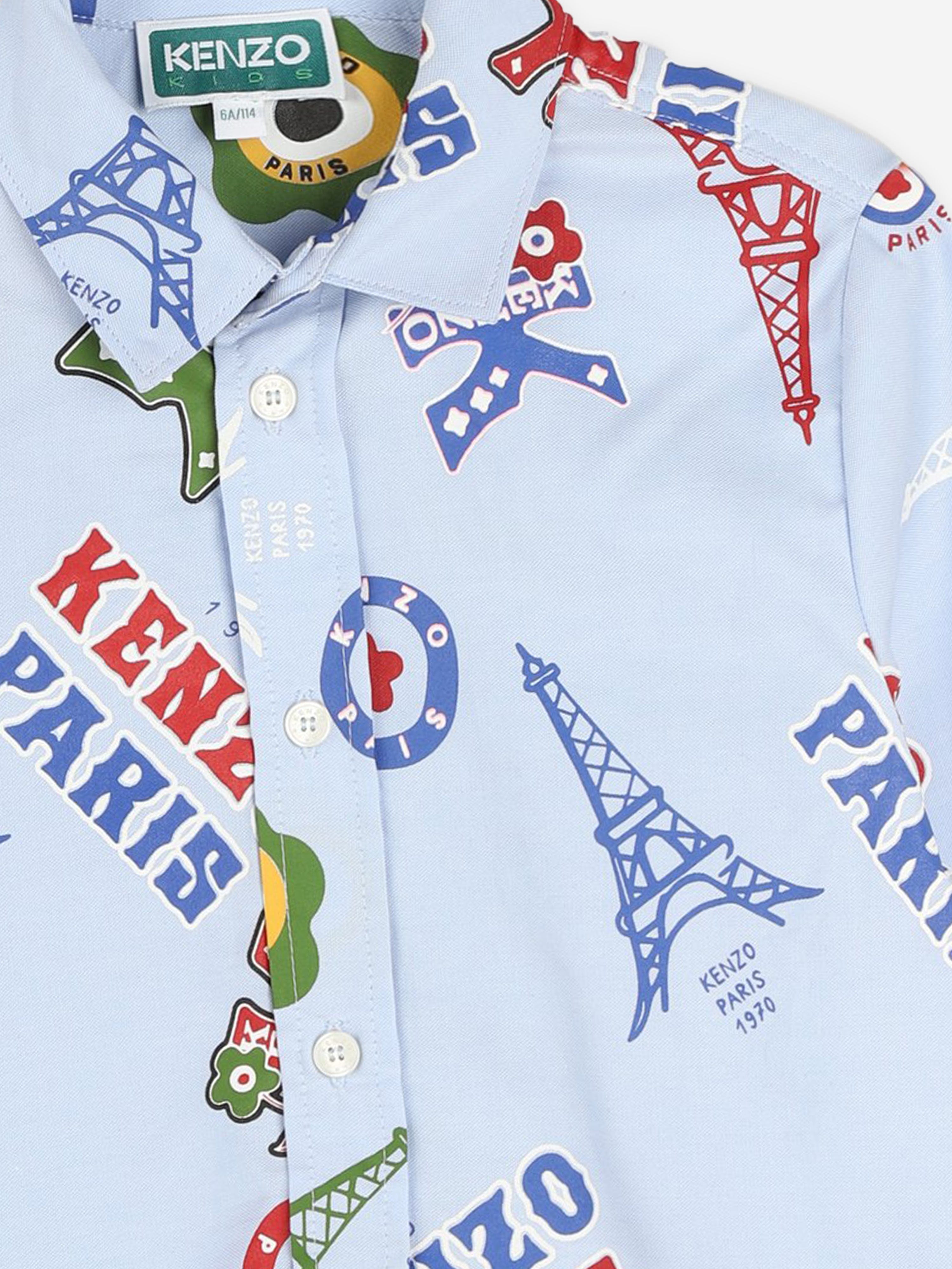 KENZO Boys Logo Print Oxford Shirt in Blue Best Deals