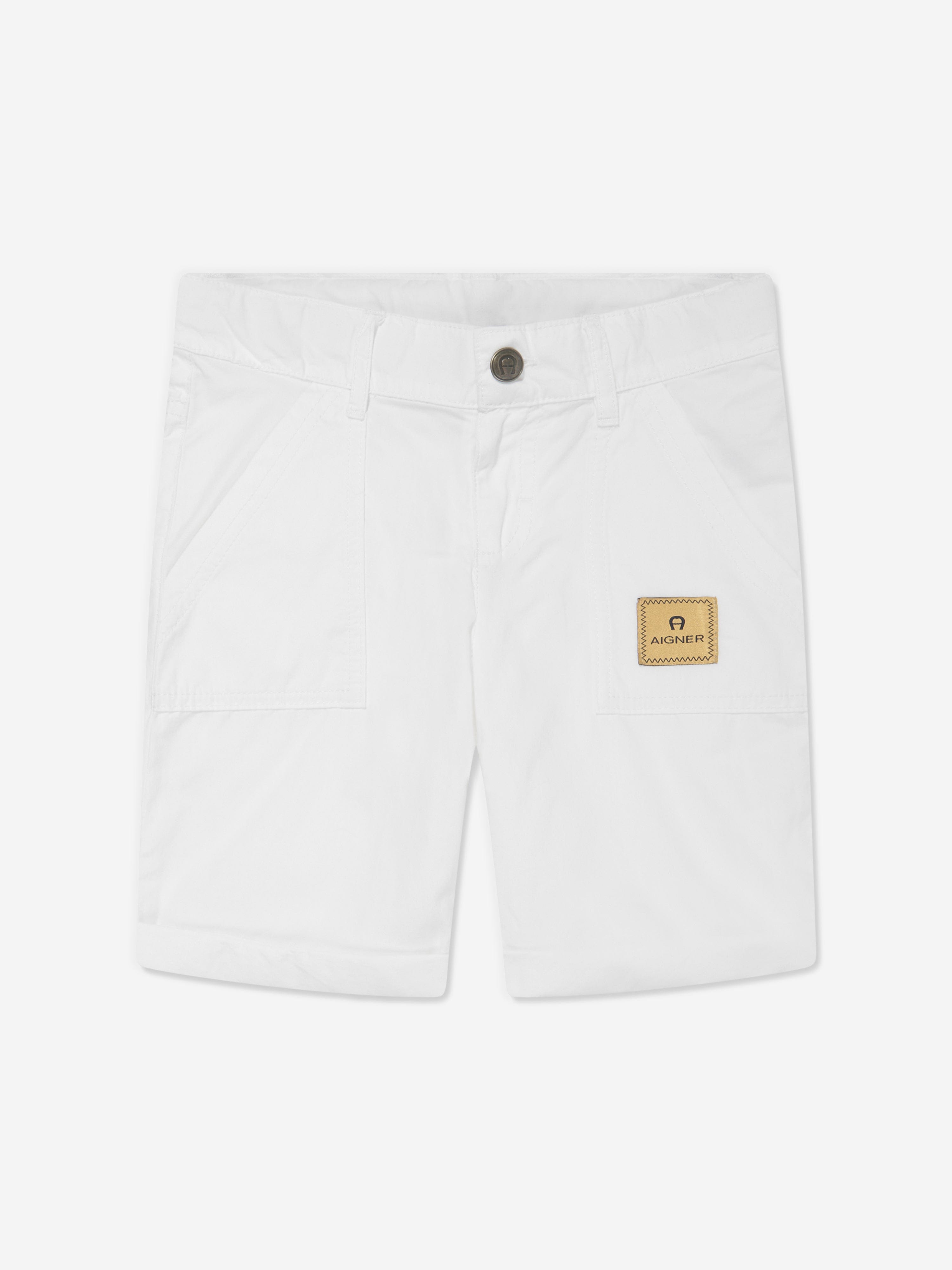 Aigner Boys Logo Badge Poplin Shorts in White Fashionable