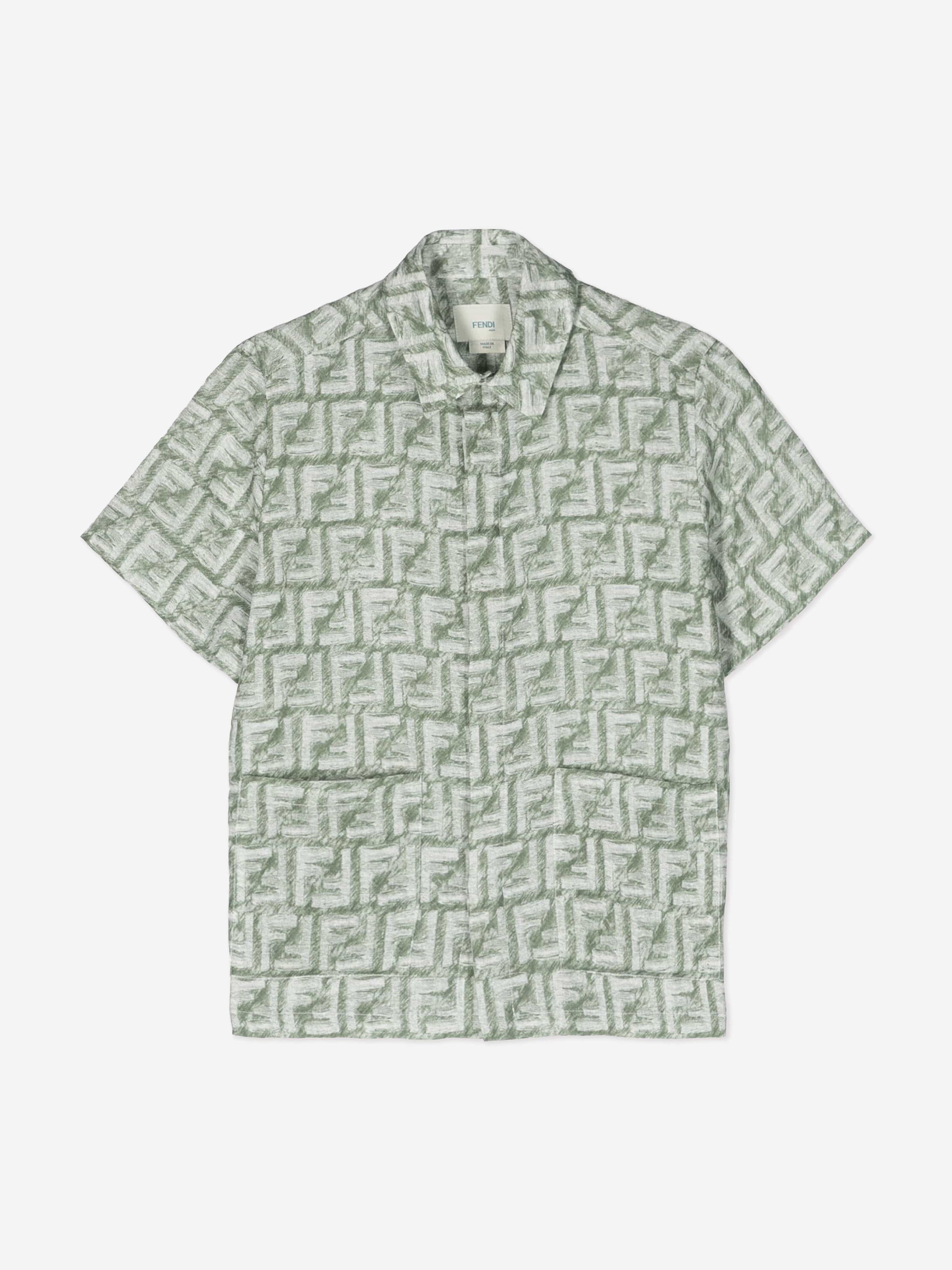 Fendi Boys Linen FF Logo Shirt in Green Sale Cheapest Pice