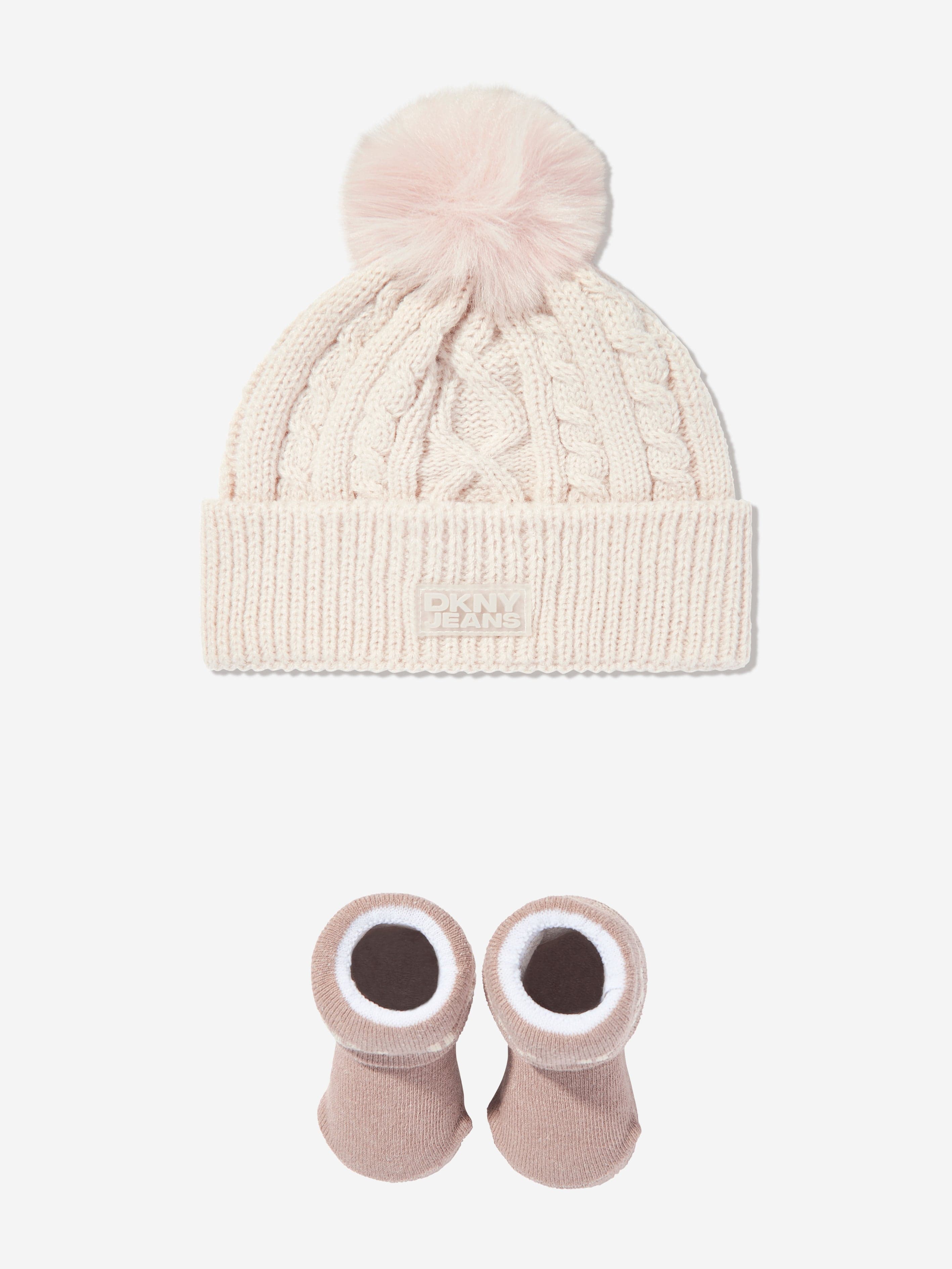 DKNY Baby Pom Pom Knitted Hat and Socks Set in Beige Sale View