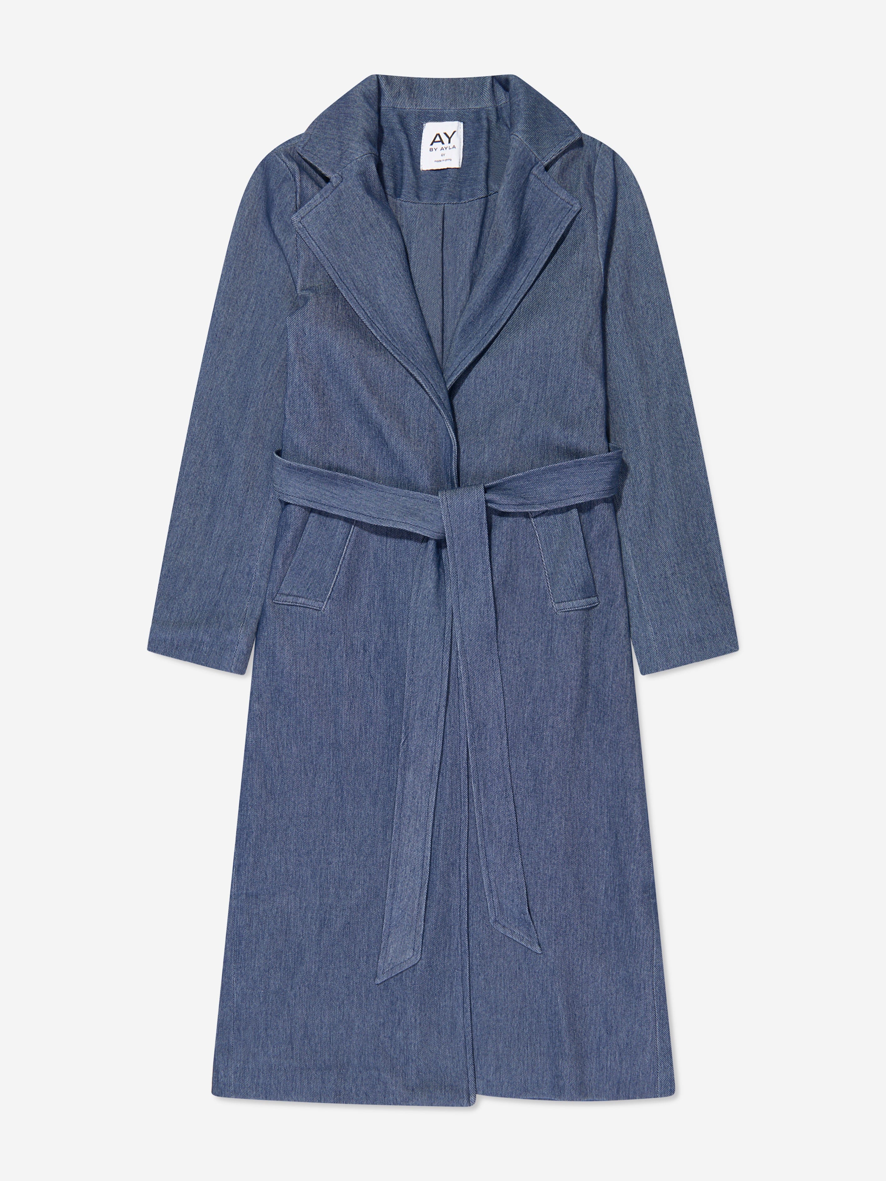 AY by AYLA Girls Denim Look Belted Trench Coat in Blue Clearance Largest Supplier