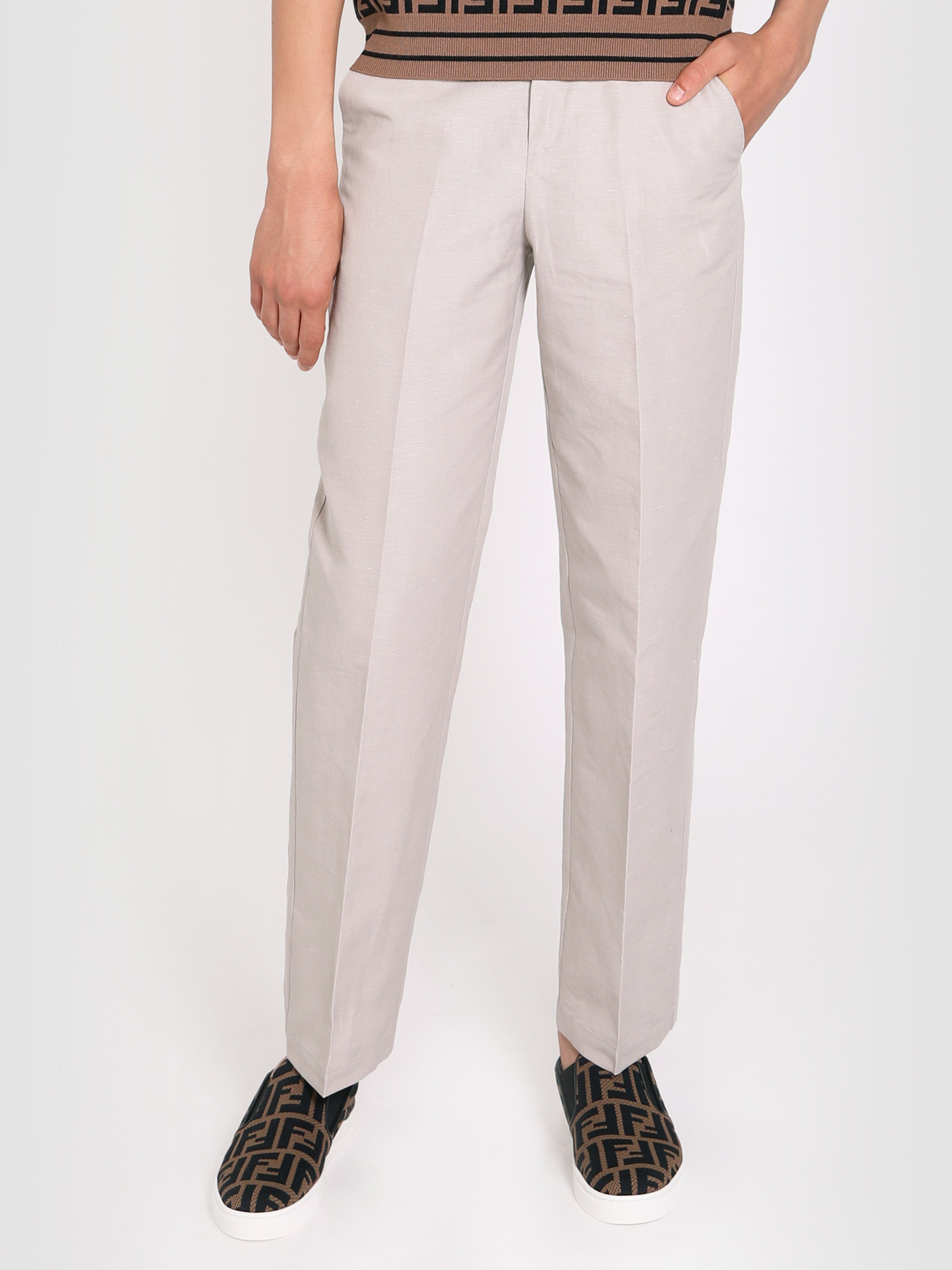 Fendi Boys Cotton And Linen Trousers in Beige 100% Authentic Cheap Online