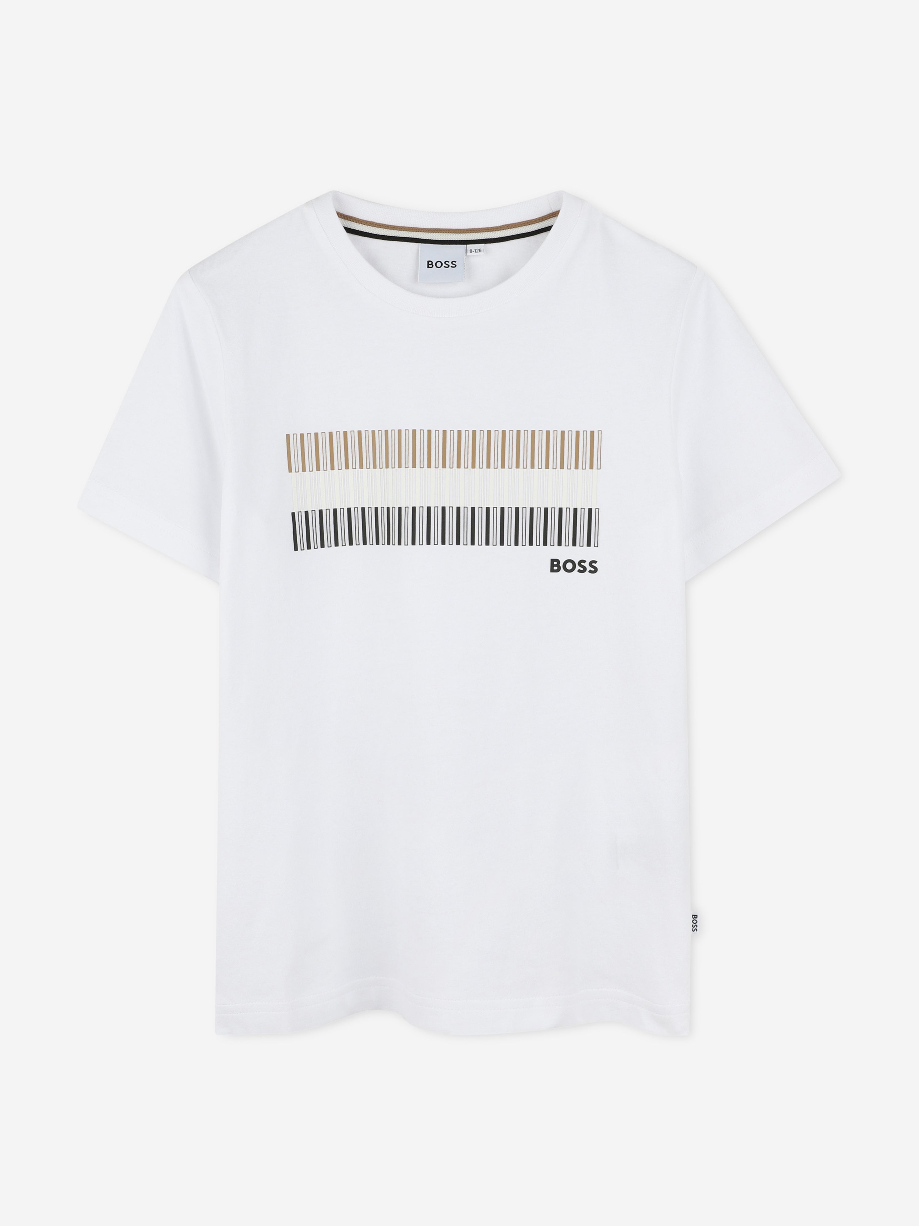 BOSS Boys Striped Print Logo T-Shirt in White Cheap Pices Authentic