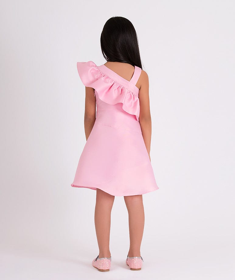 Mama Luma Girls One Shoulder Ruffle Dress in Pink Free Shipping For Sale