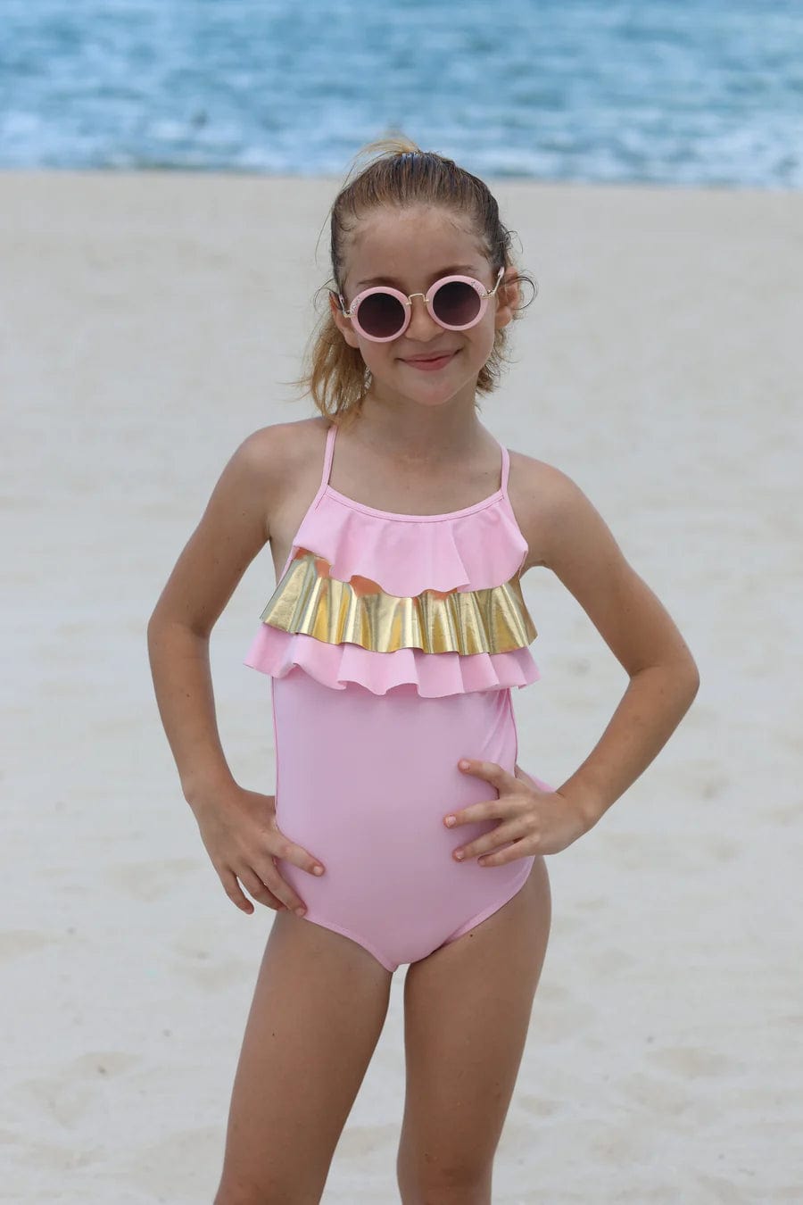 Nessi Byrd Girls Frilly Sola Swimsuit in Pink Collections Cheap Pice
