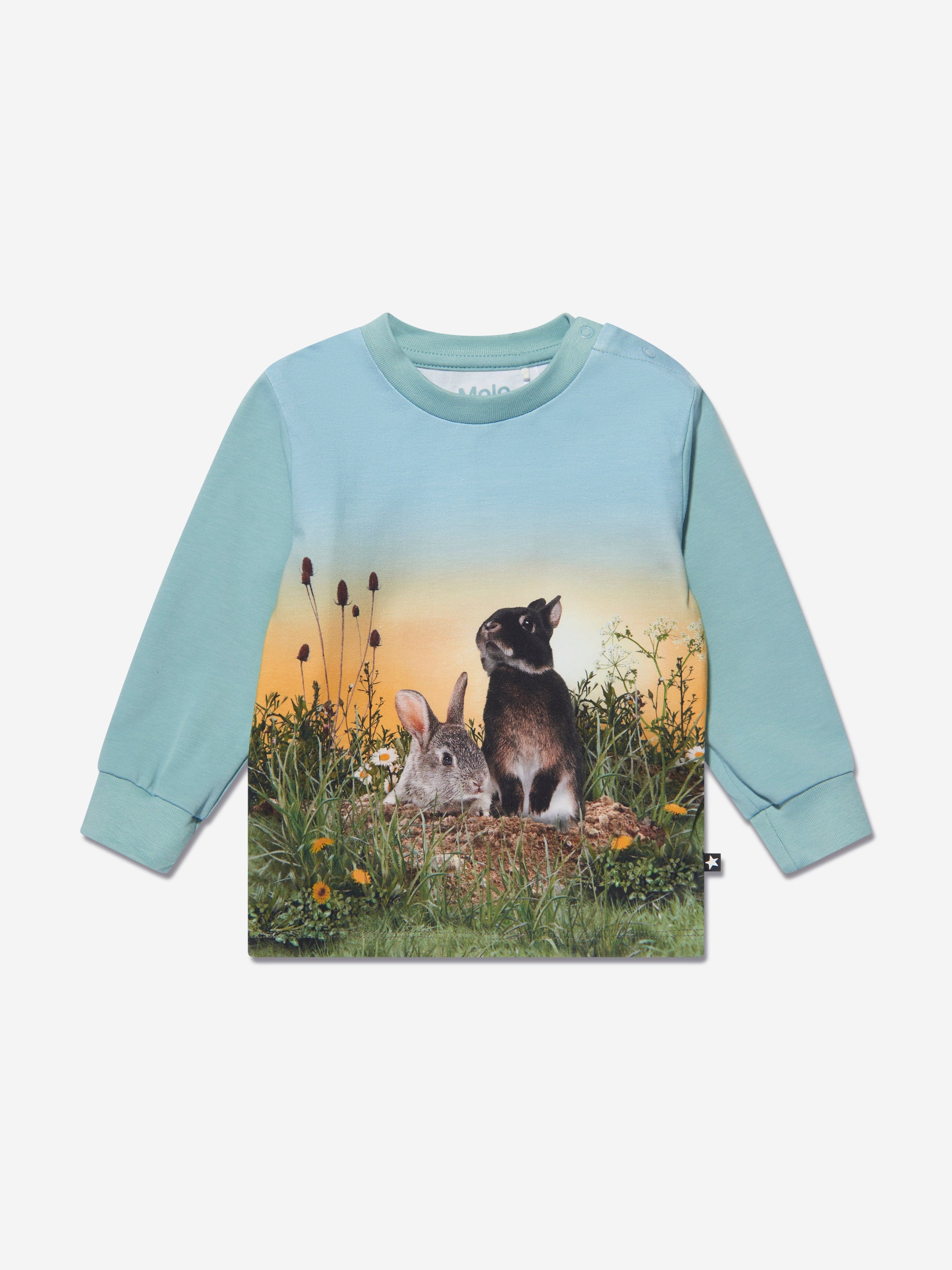 Molo Kids Rabbit Life Long Sleeve T-Shirt in Blue Limited Edition Online