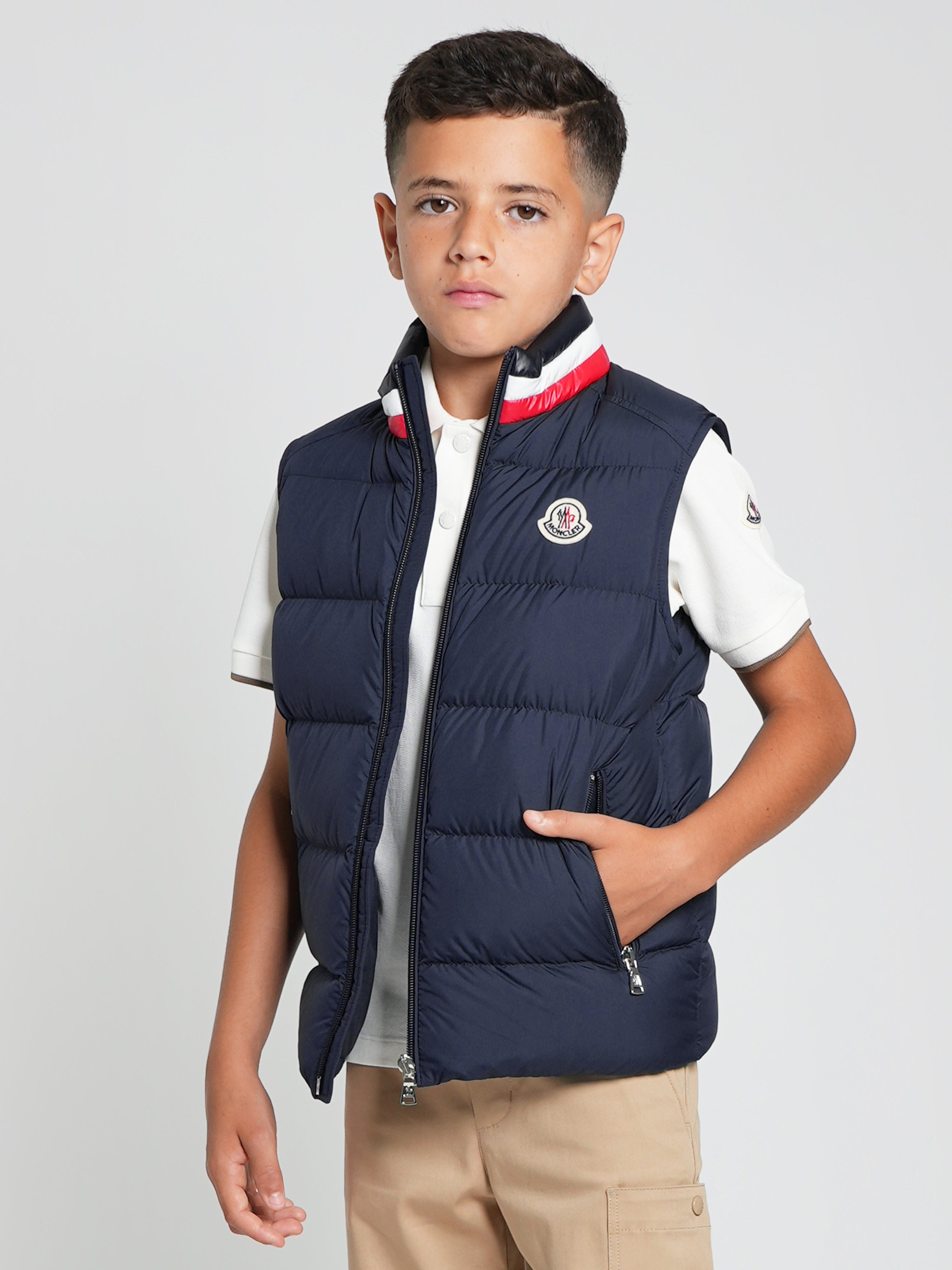Moncler Enfant Boys Down Padded Merab Gilet in Navy With Mastercard