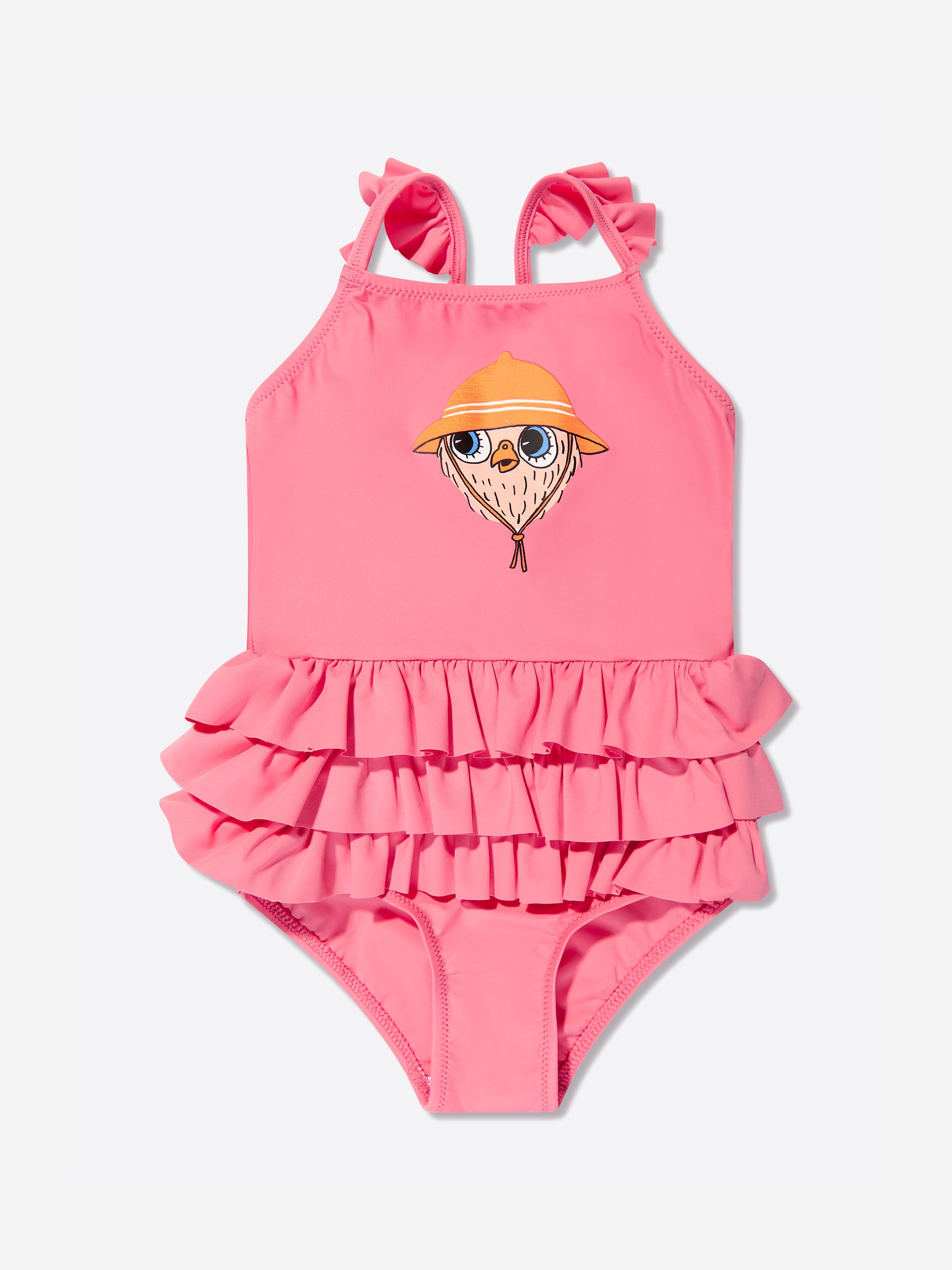 Mini Rodini Girls Owl Frill Swimsuit in Pink With Paypal For Sale