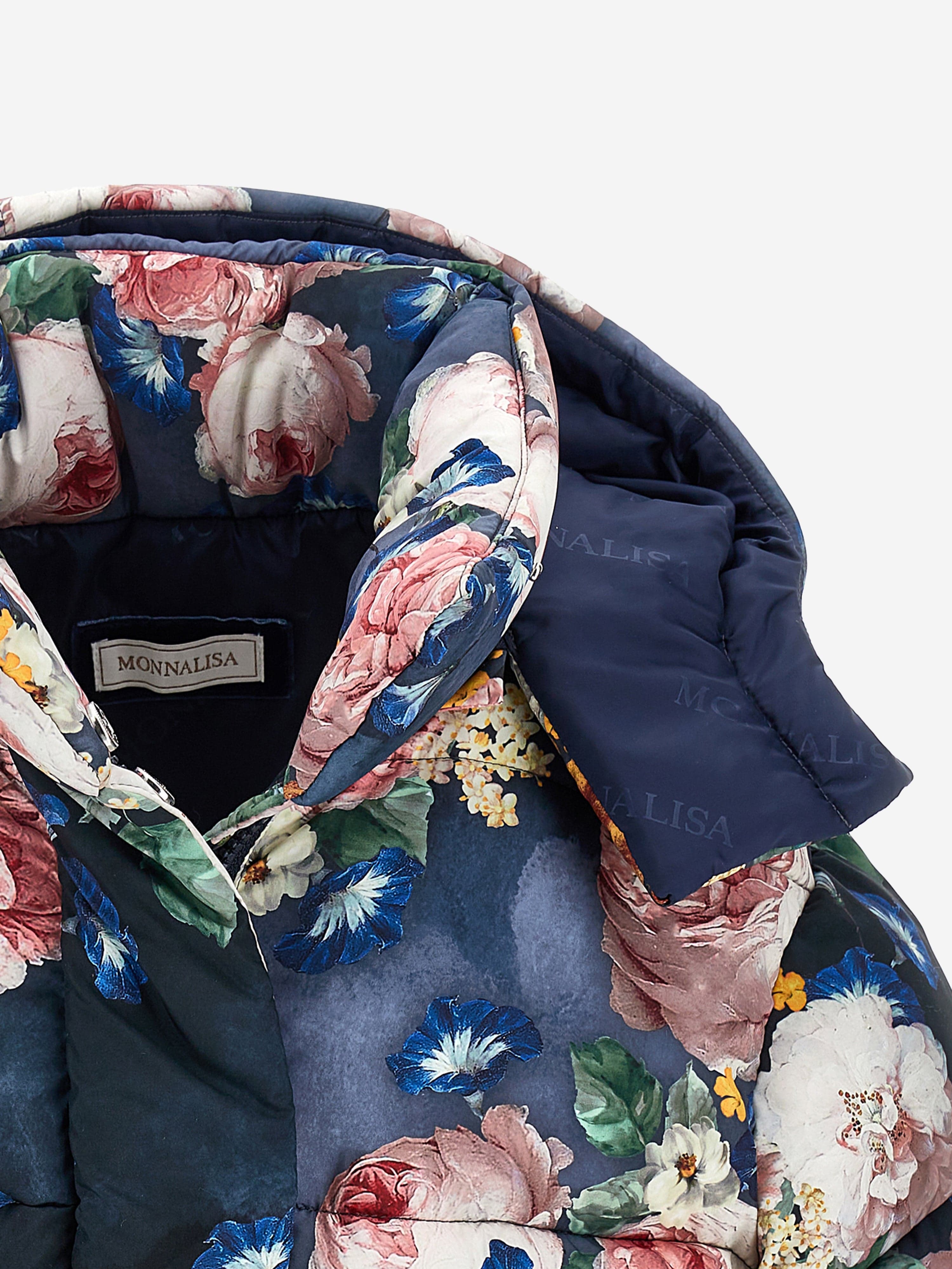 Monnalisa Girls Baroque Roses Puffer Jacket in Blue Clearance Big Discount