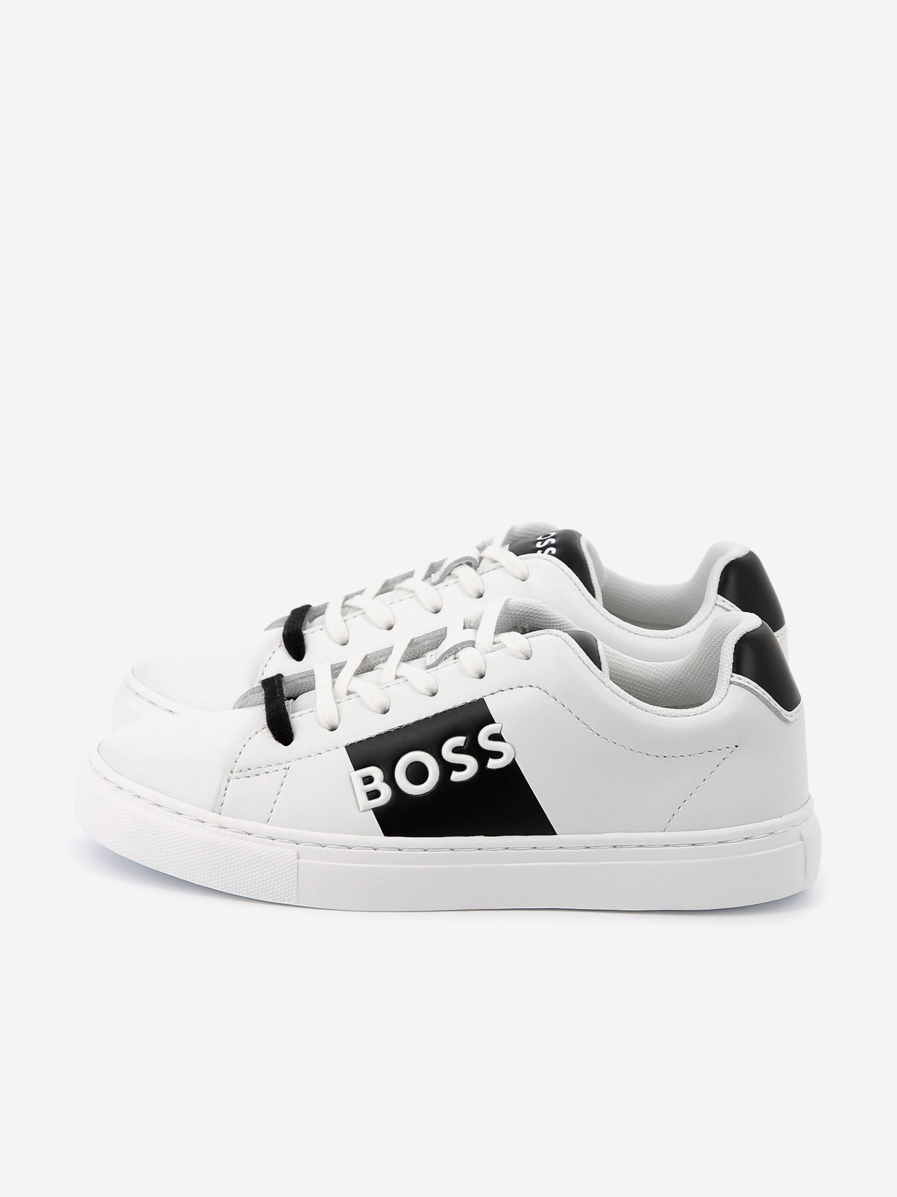BOSS Boys Leather Logo Trainers in White Geniue Stockist