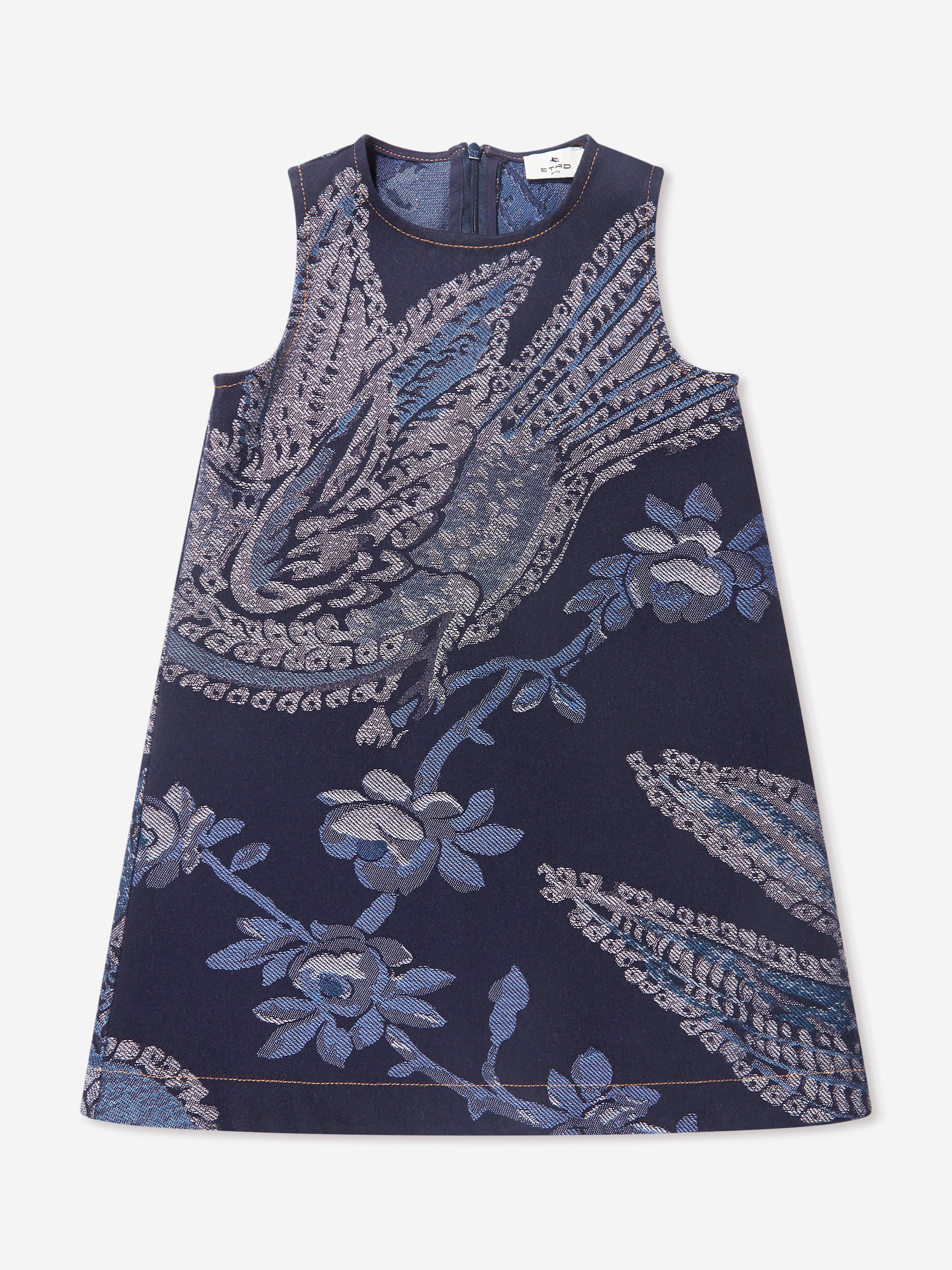 Etro Girls Jacquard Bird And Flower Dress in Navy Fast Delivery For Sale