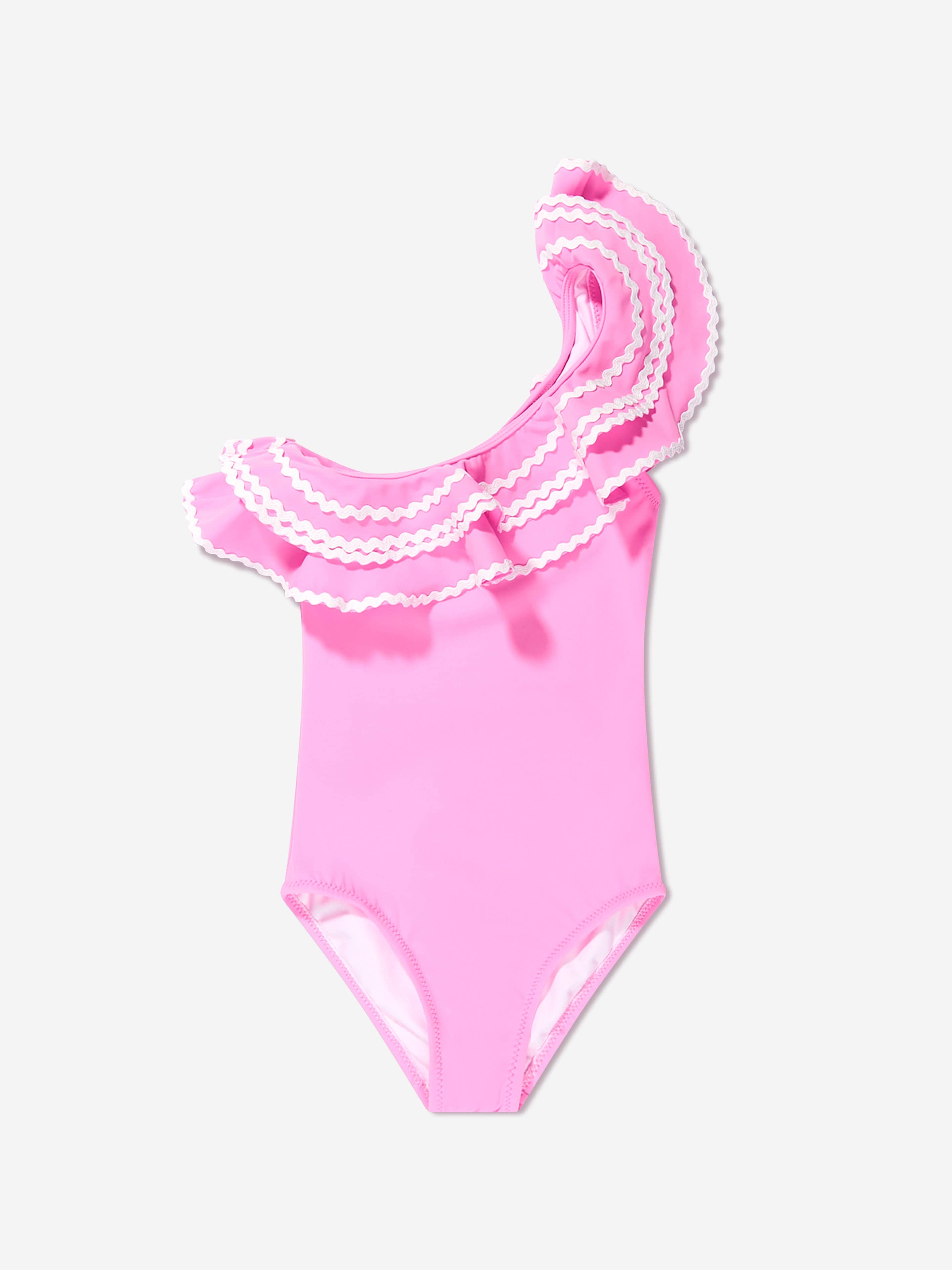 Nessi Byrd Girls One Shoulder Ruffle Eliza Swimsuit in Pink Cheap For Cheap