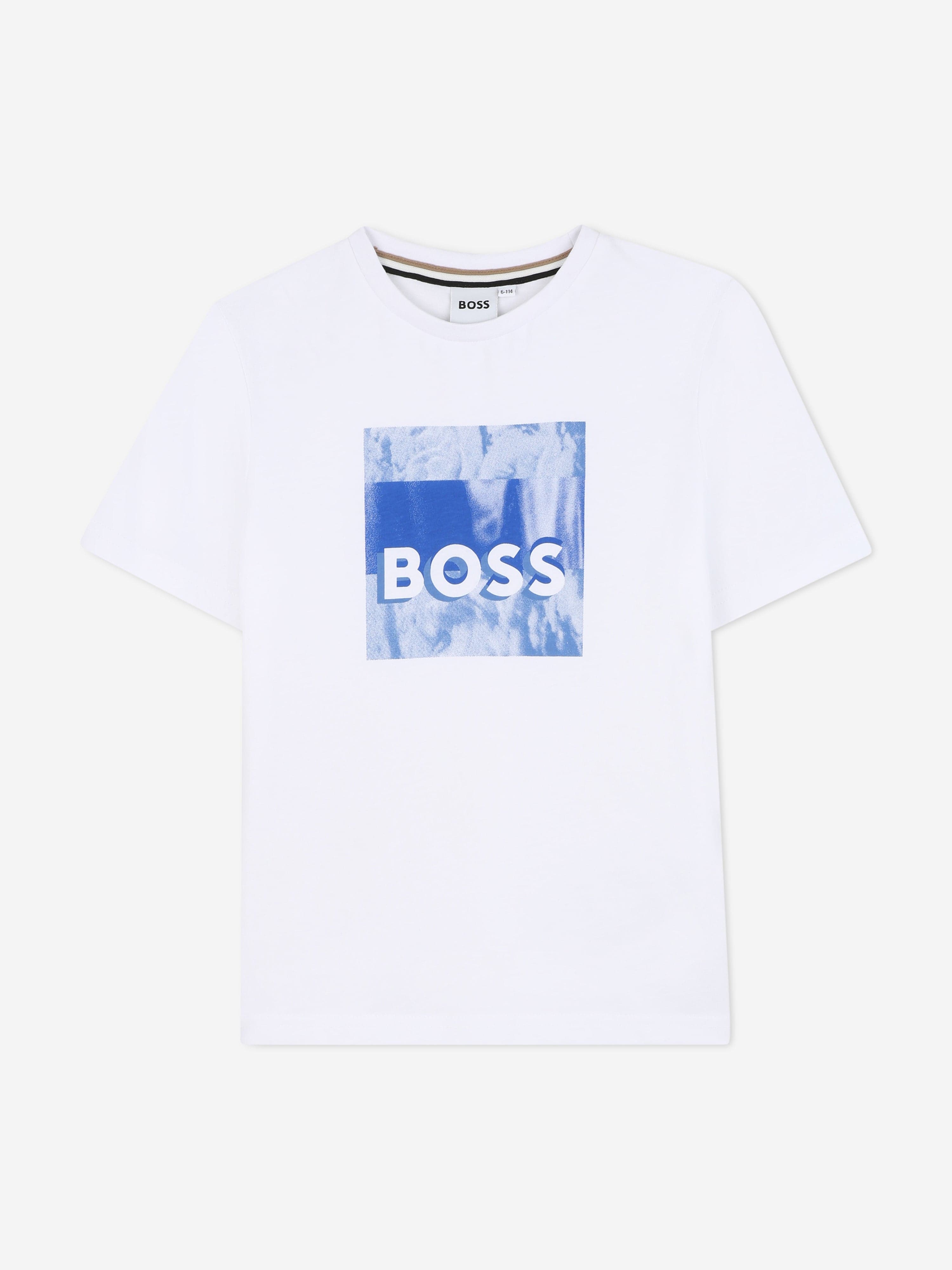 BOSS Boys Graphic Print T-Shirt in White Outlet Classic