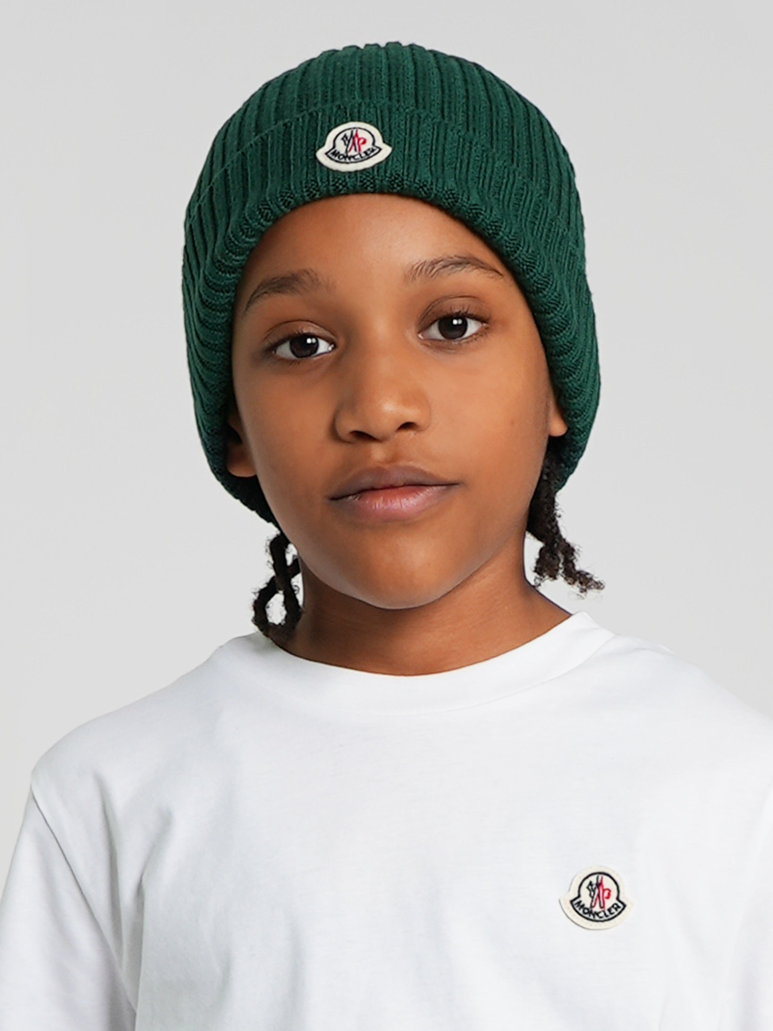 Moncler Enfant Boys Wool Beanie Hat in Green Discount