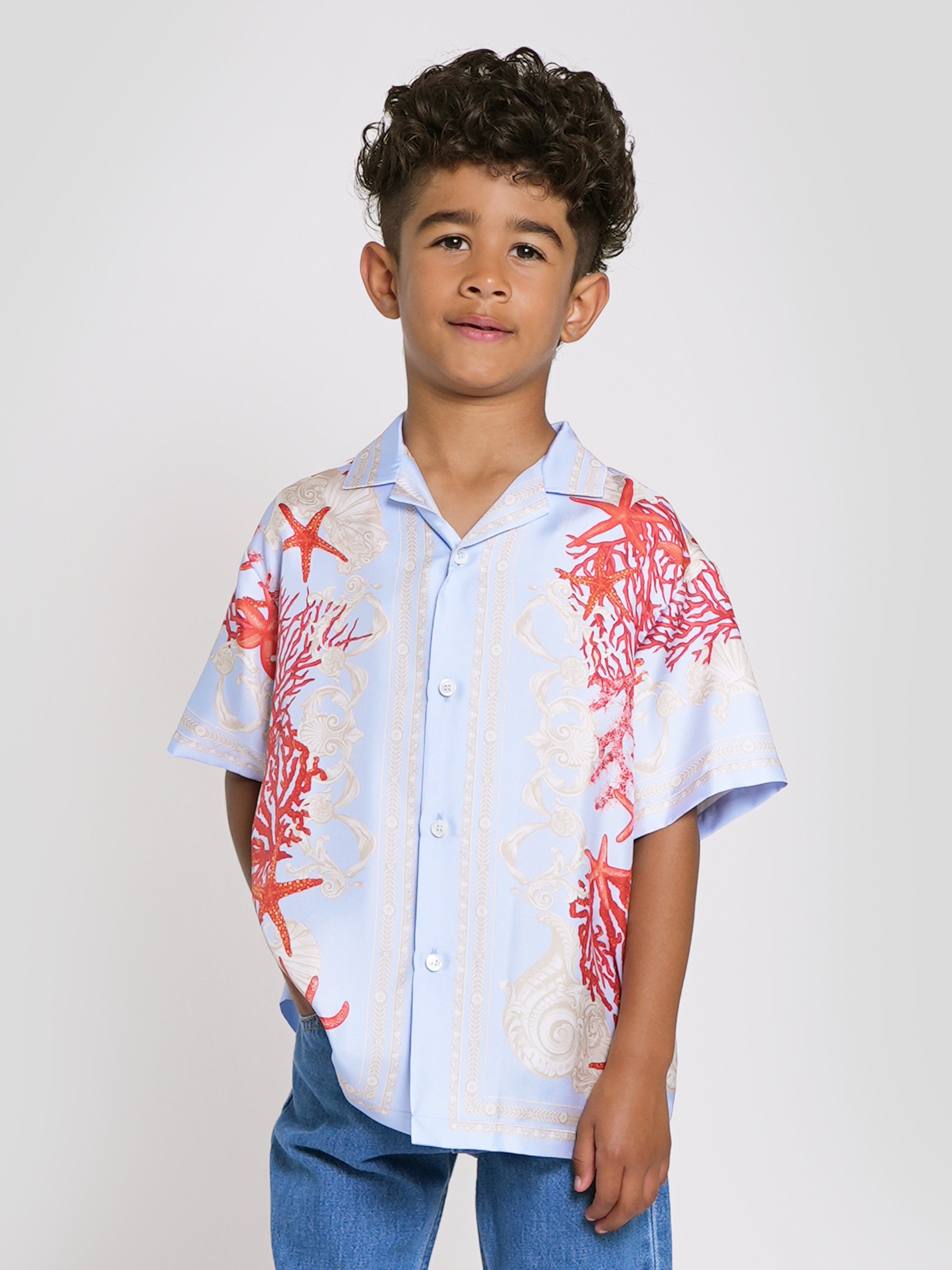 Versace Boys Silk Barocco De La Mer Shirt in Blue Cheap Sale