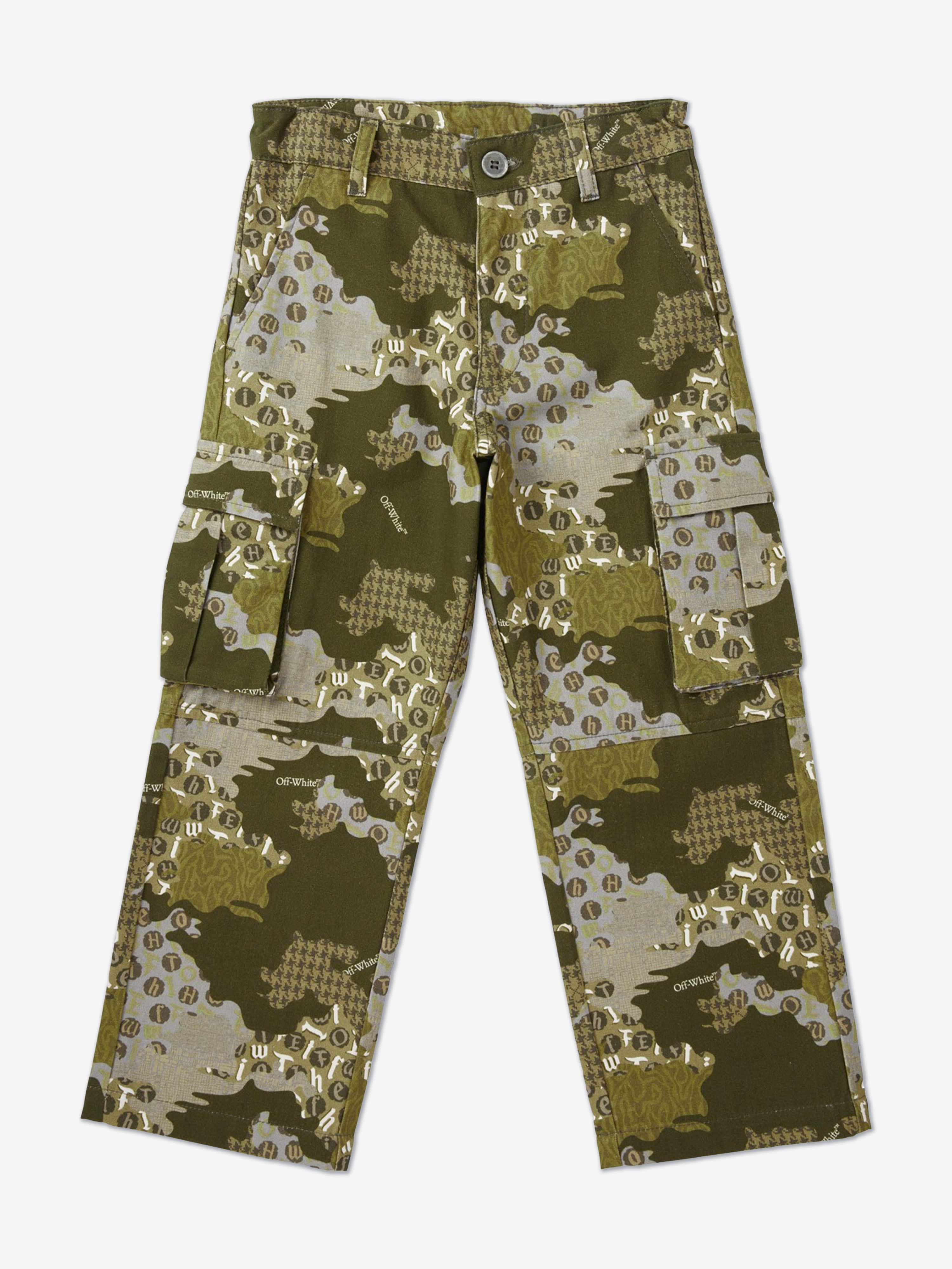 Off-White Boys Crazy Camo Cargo Trousers in Green Clearance Limited Edition