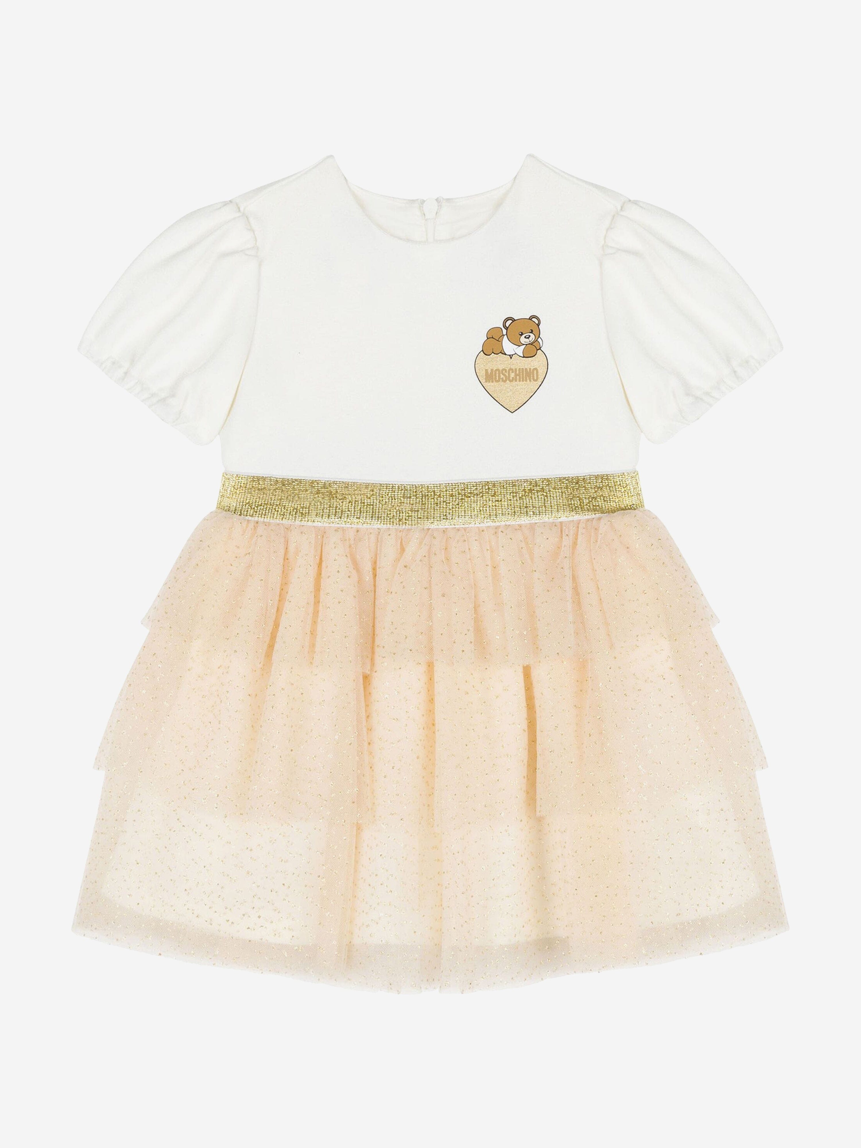 Moschino Baby Girls Bear Logo Ruffle Dress in Ivory Outlet Purchase
