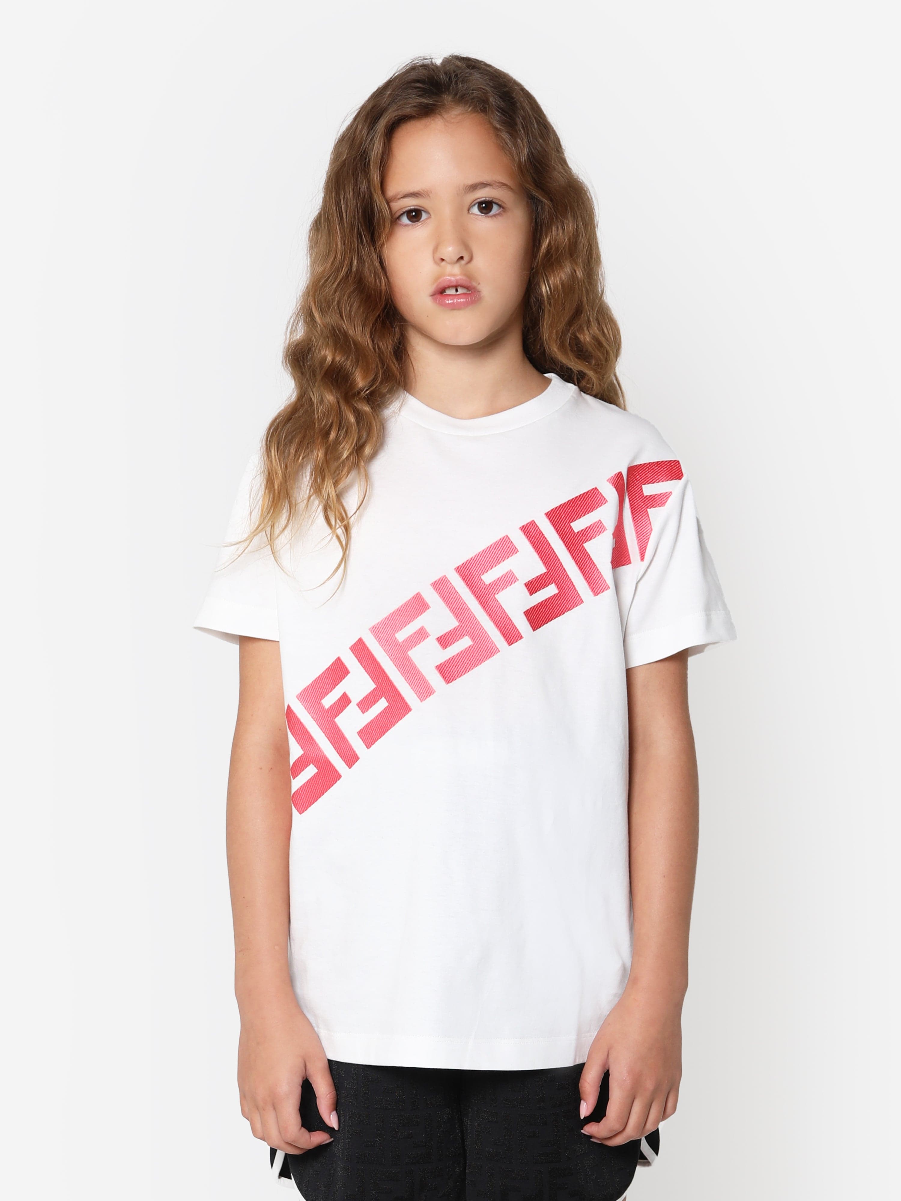 Fendi Girls FF Logo T-Shirt in White Sale Cheap Pices