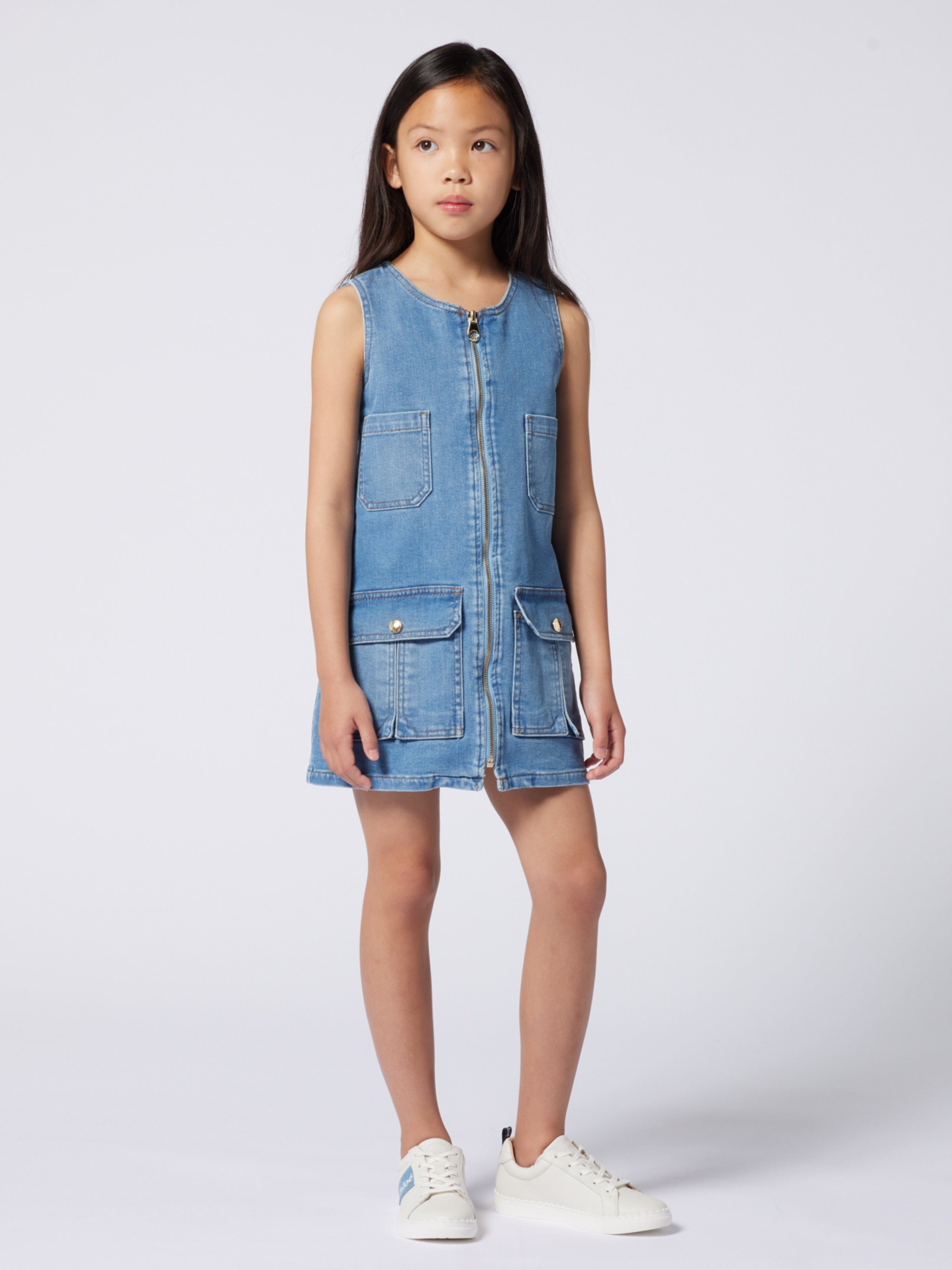 Chlo¨¦ Girls Sleeveless Denim Zip Dress in Blue Online Online Cheap Pice