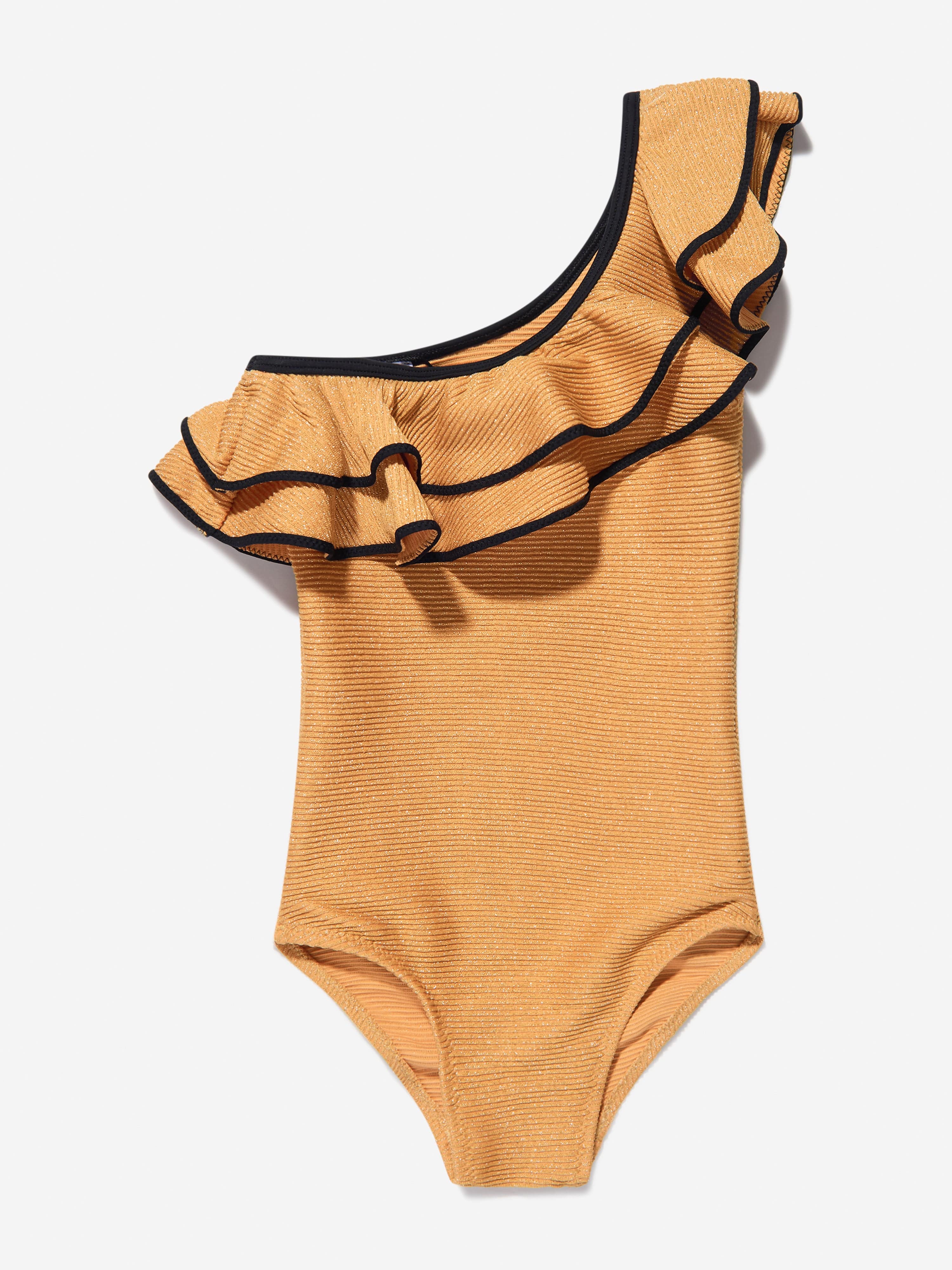 Nessi Byrd Girls Glitter One Shoulder Ruffle Eliza Swimsuit in Brown Sale 2025